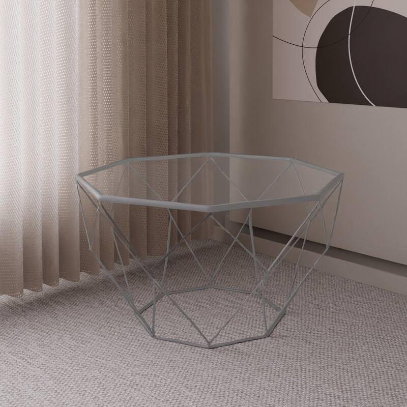 Angle. LeisureMod - Malibu Contemporary Geometric Glass Top Coffee Table with Open-Frame Design and Powder Coated Base for Home and Office - Grey.