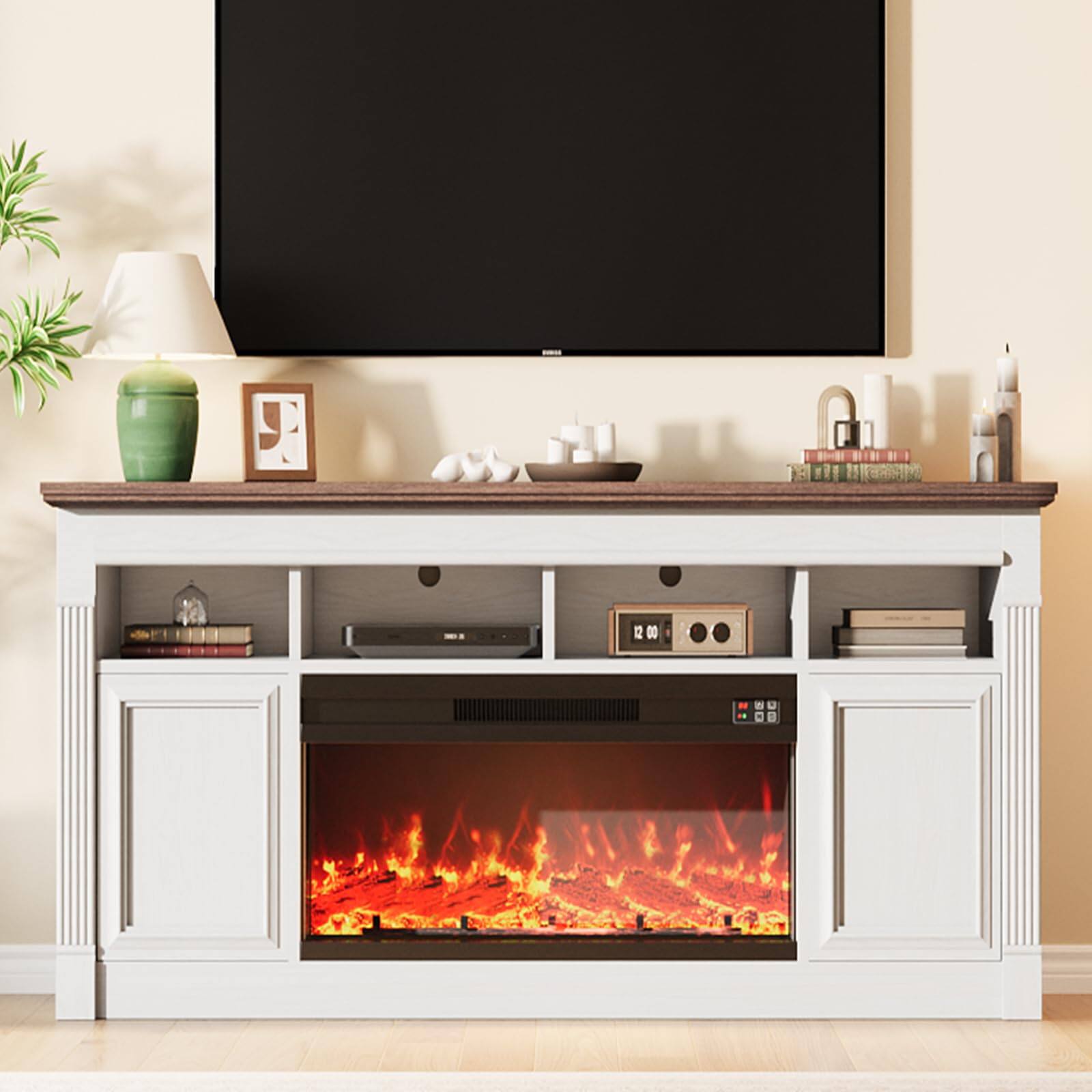 Front. GAOMON - 68" Farmhouse Electric Fireplace TV Stand, Entertainment Center with Open Storage Cabinets for TVs up to 75".