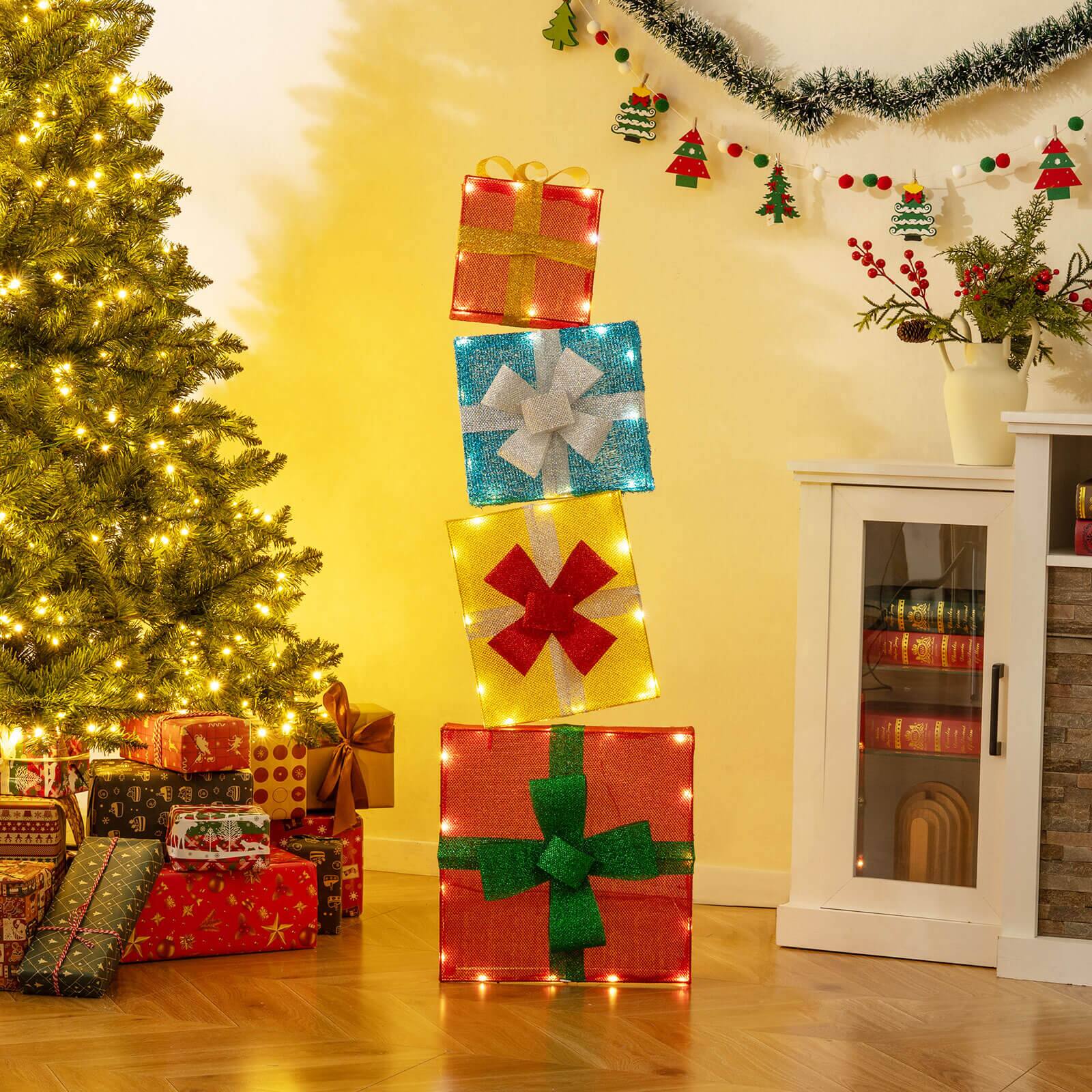Alt View 4. Costway - Costway 4 FT Stackable Holiday Present Boxes with LEDs and Bows for Indoor Outdoor Home - Multicolor.