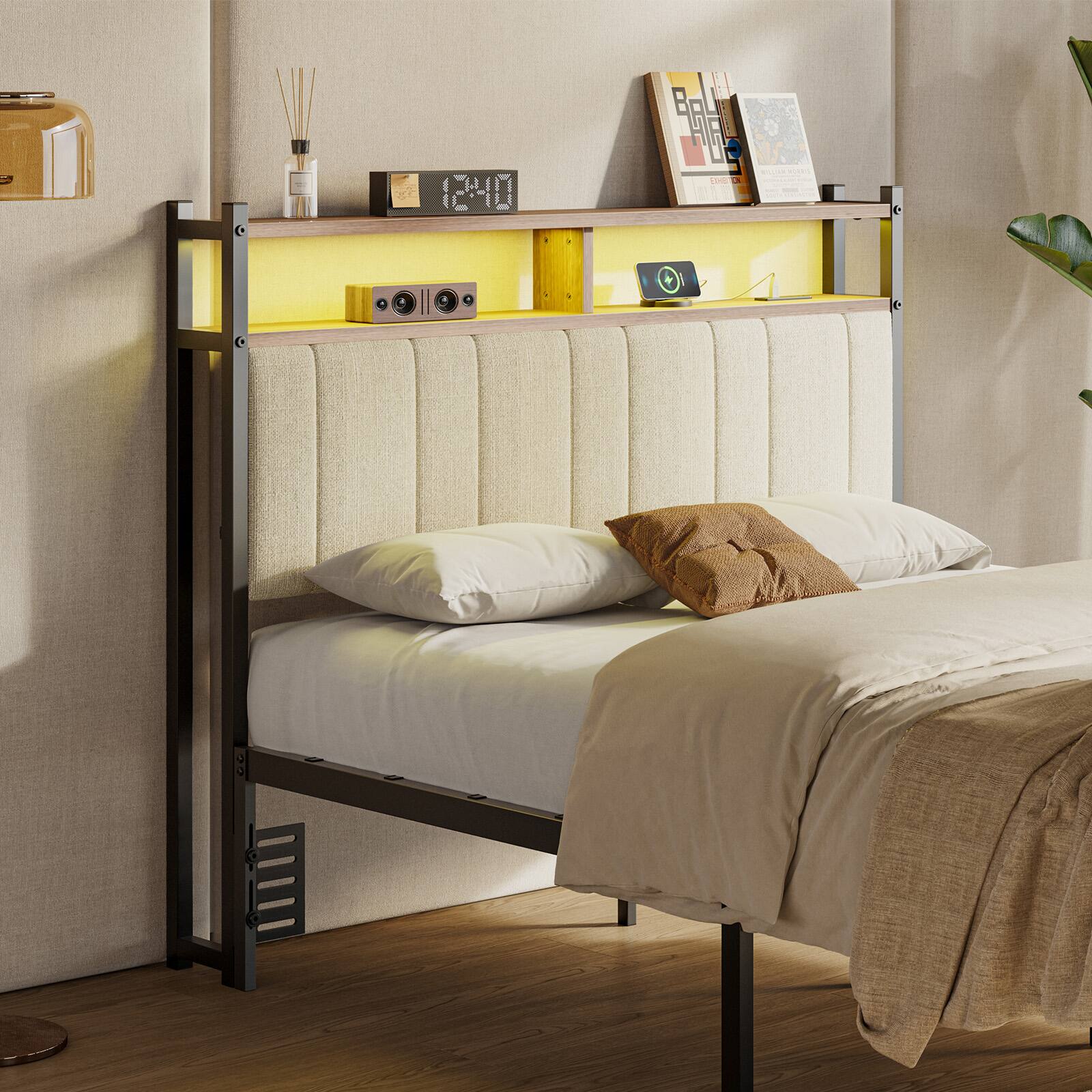 Left. Pinmoco - Pinmoco - Linen Upholstered Storage Headboard LED Headboard with Charging Station - Beige.