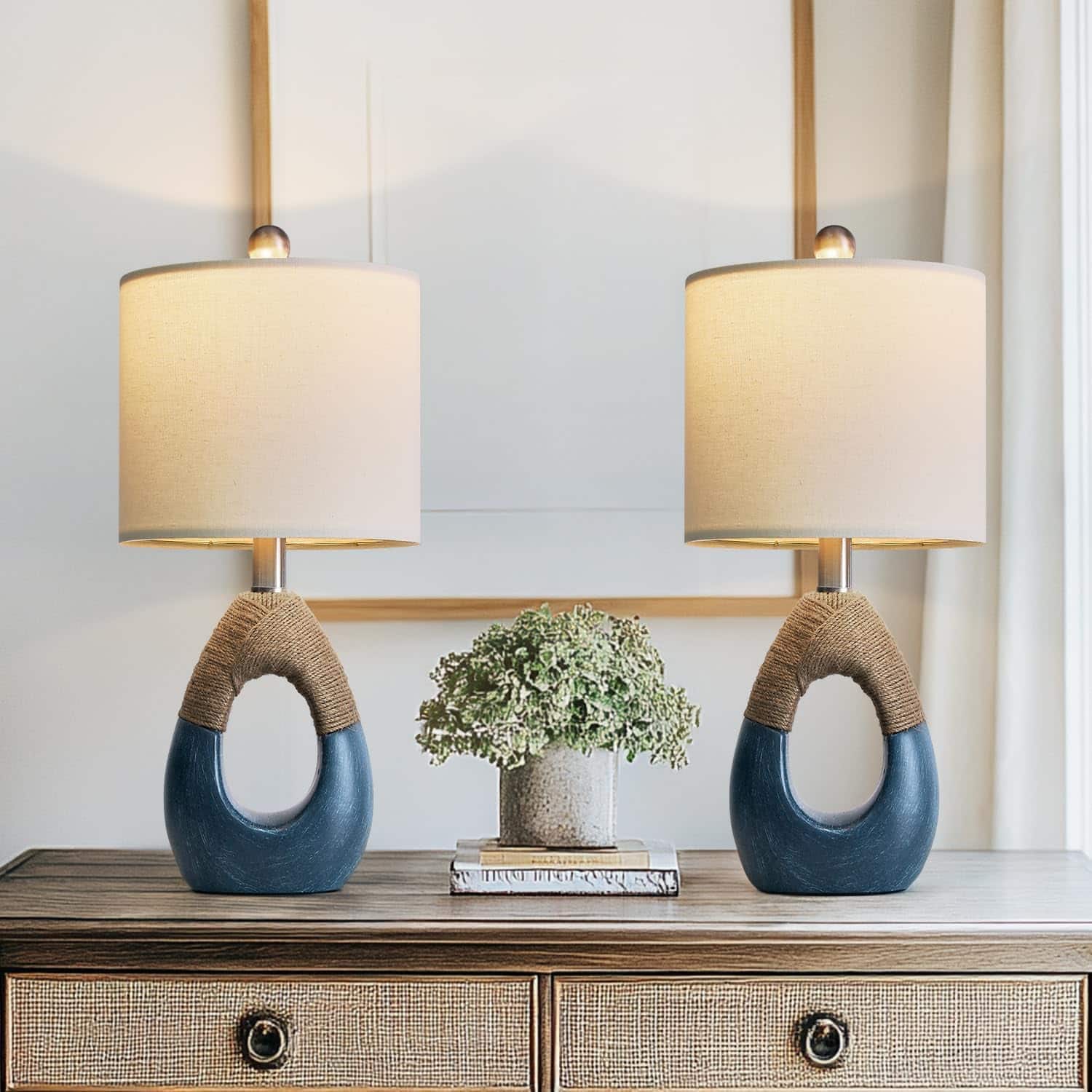 Cozy Serene - Table Lamp Lamp Smart Modern resin Boho Lamps Bedroom Living Small Farmhouse Rattan Rustic Home Decoration - Blue