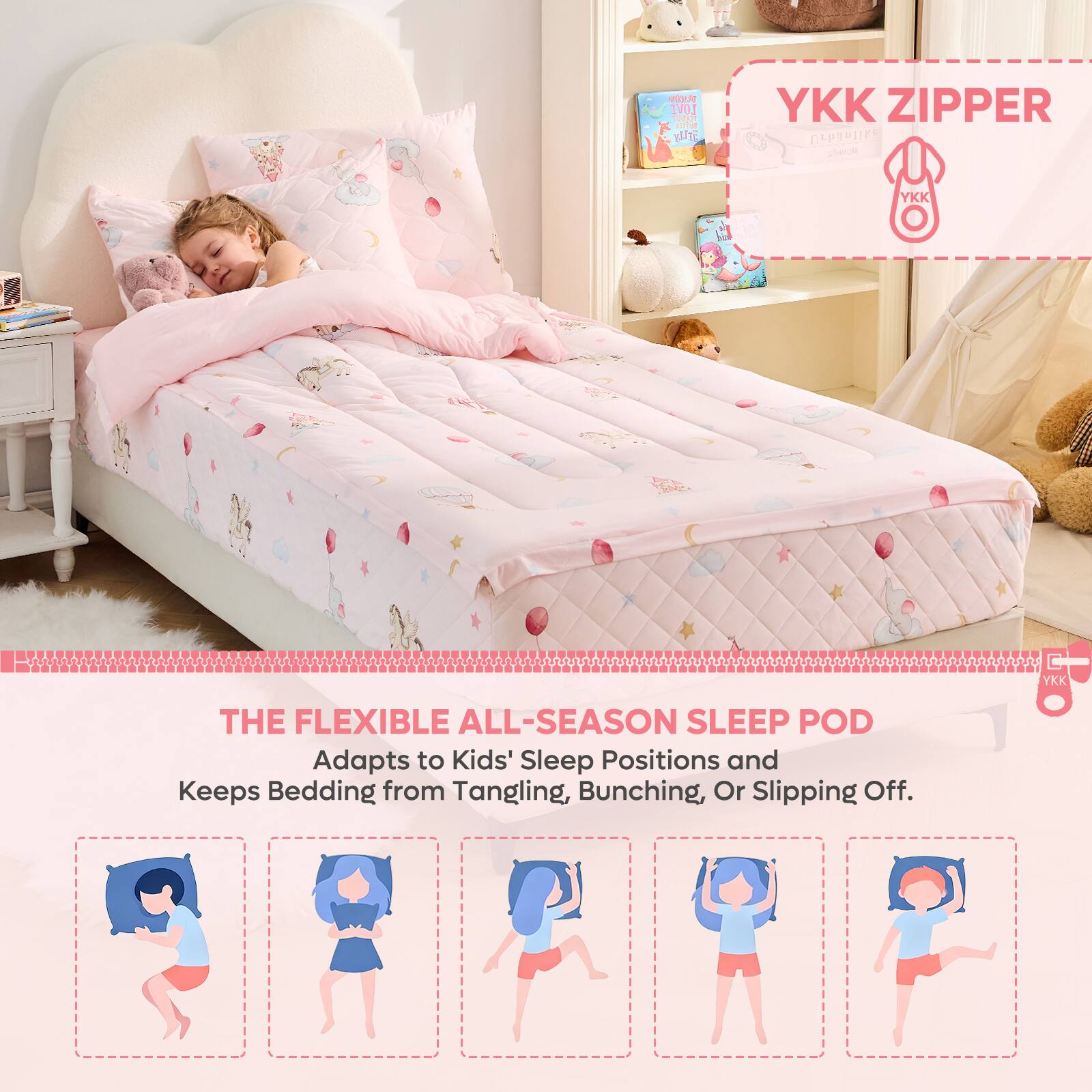 Sure, here is the corrected and grouped text from the image:

---

**YKK ZIPPER**

**THE FLEXIBLE ALL-SEASON SLEEP POD**

Adapts to Kids' Sleep Positions and Keeps Bedding from Tangling, Bunching, or Slipping Off.

---

**YKK ZIPPER**

**THE FLEXIBLE ALL-SEASON SLEEP POD**

Adapts to Kids' Sleep Positions and Keeps Bedding from Tangling, Bunching, or Slipping Off.