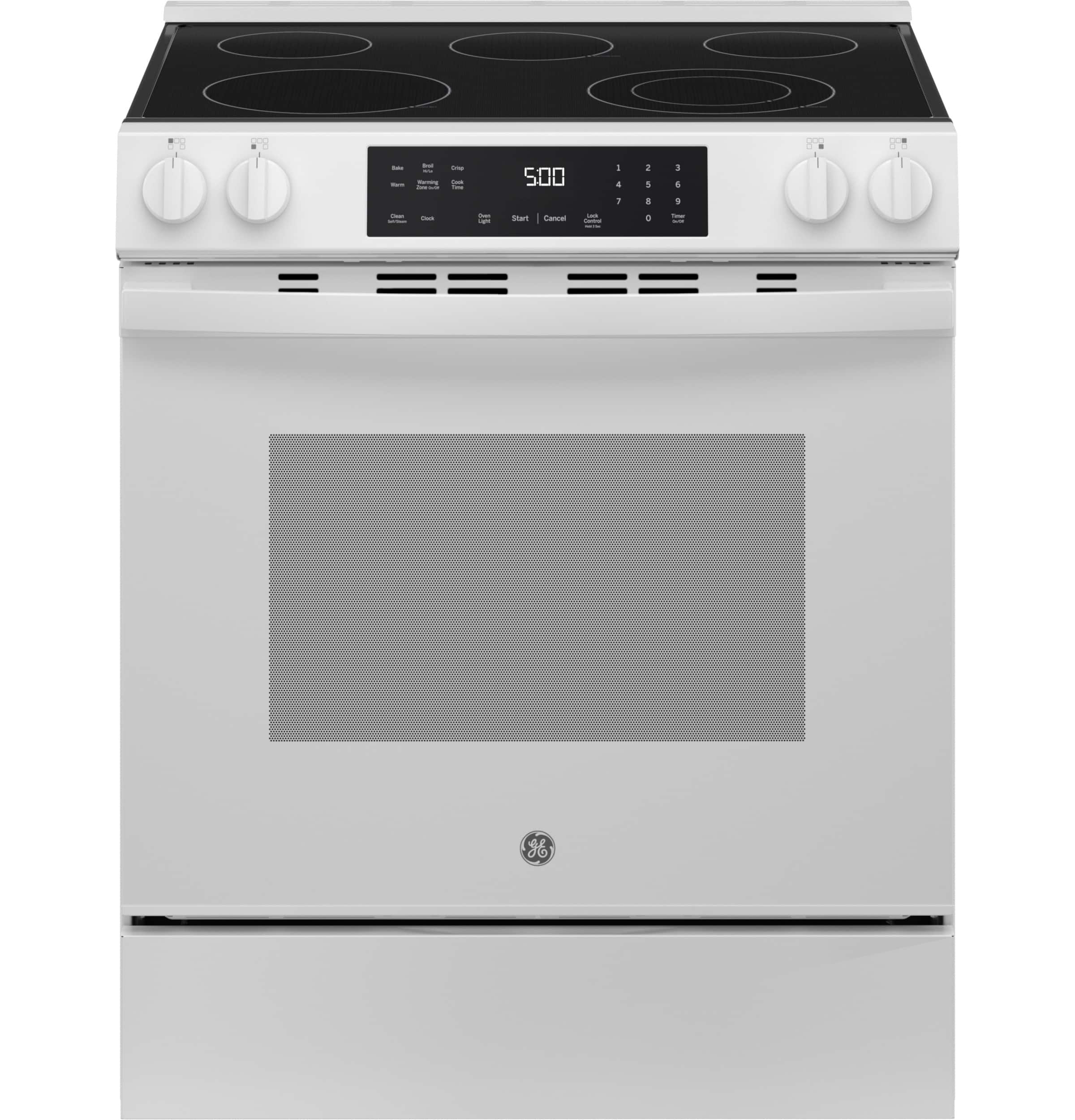 GE - 5.3 Cu. Ft. Slide-In Electric Range with Self-Clean and Steam Cleaning Option and Crisp Mode - White - Front_Zoom