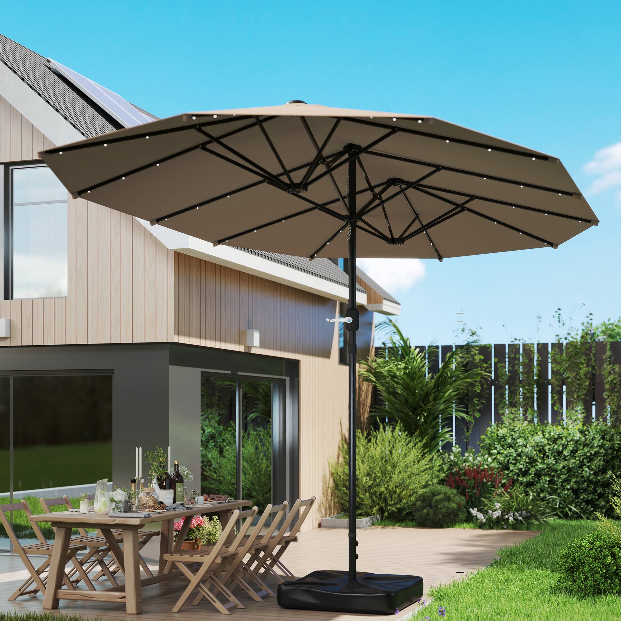 Angle. Outsunny - 14.4ft Double Umbrella, Large Outdoor Patio Umbrella with Base Included, Patio Sun Shade with LED Solar Light - Khaki.