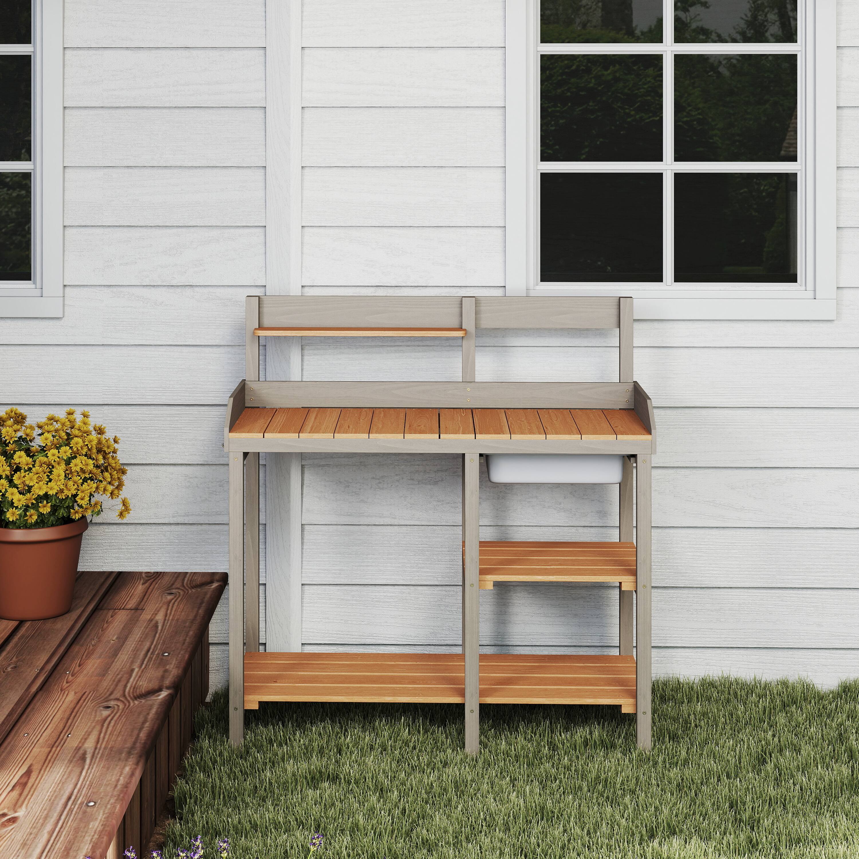 Back. APRILSOUL - Outdoor Wooden Potting Bench Table With Sink Garden Work Bench Shelf Outside Patio - Grey,Brown.