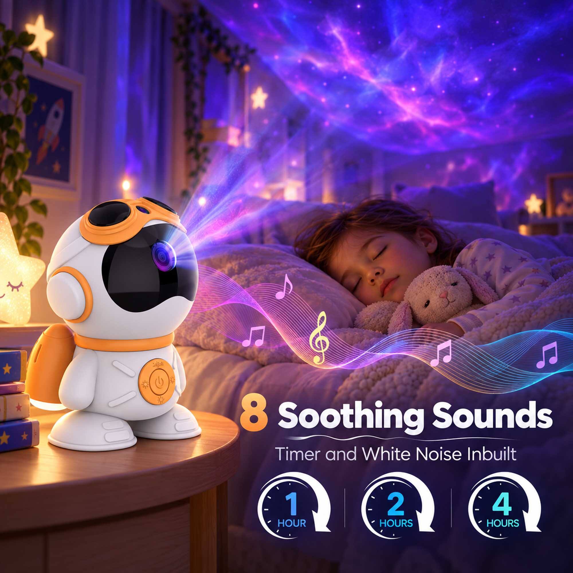 8 Soothing Sounds Timer and White Noise Inbuilt

1 HOUR
2 HOURS
4 HOURS