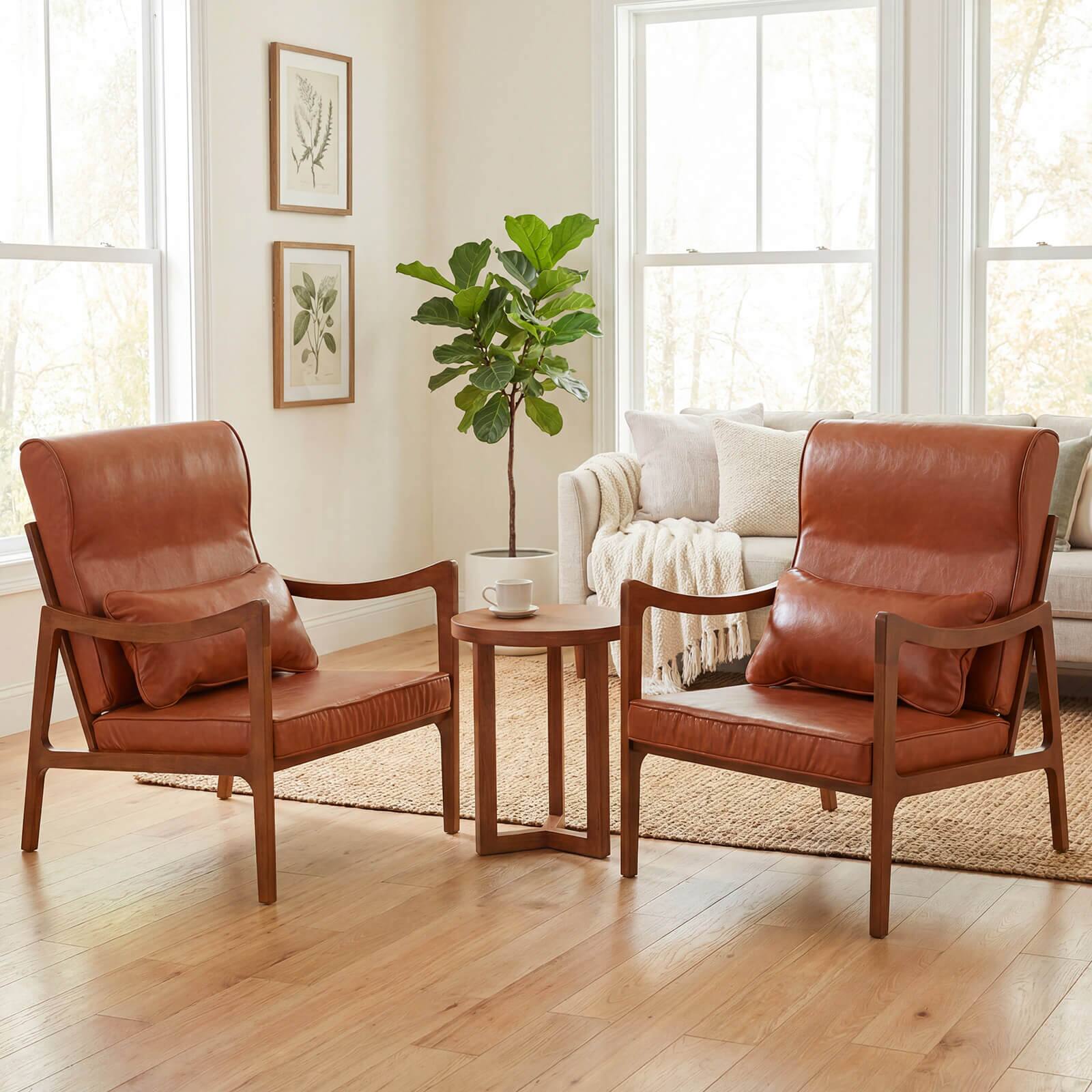 Alt View 4. Costway - Costway 1 PCS Faux Leather Upholstered Armchair with Lumbar Pillow, Removable Back, Seat Cushions - Brown.