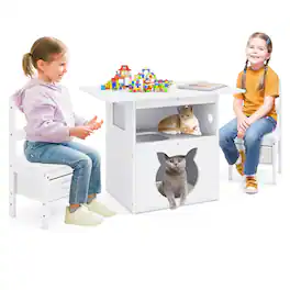 Gymax - 3 PCS Kids Table and Chairs Set Furniture w/Cat House Hole & Window 2 Chairs - White
