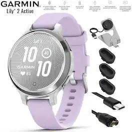 Garmin - Lily 2 Active Smartwatch Silver with Purple Jasmine Band+Charging Bundle - Silver with Purple Jasmine Silicone Band - (2024)