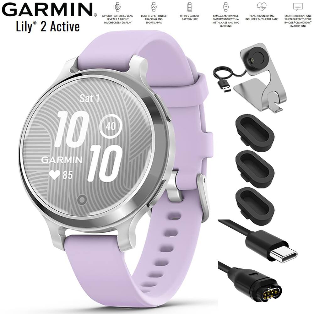 Garmin - Lily 2 Active Smartwatch Silver with Purple Jasmine Band+Charging Bundle - Silver with Purple Jasmine Silicone Band - (2024)