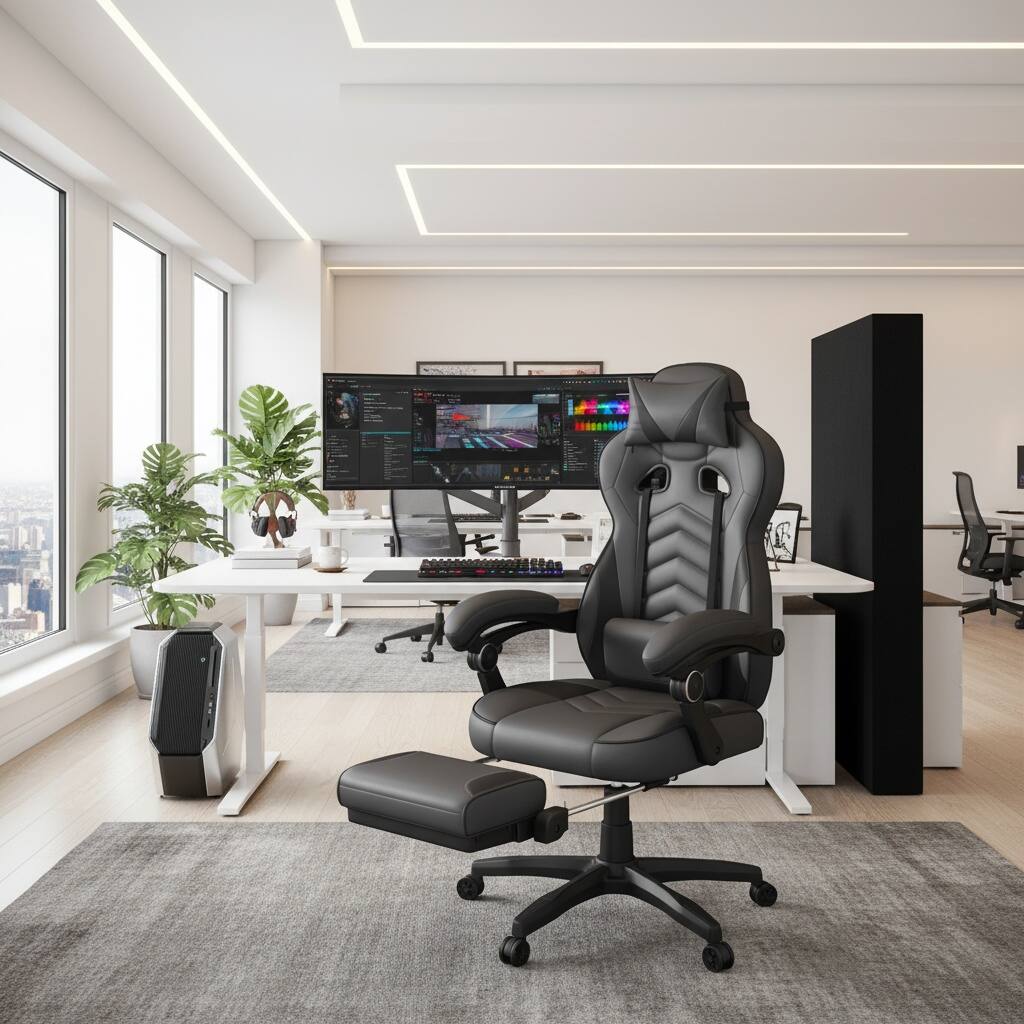 Alt View 7. Forest'nSky - Black & Grey Racing Style Executive Gaming Chair with Full Recline & Footrest - Grey.