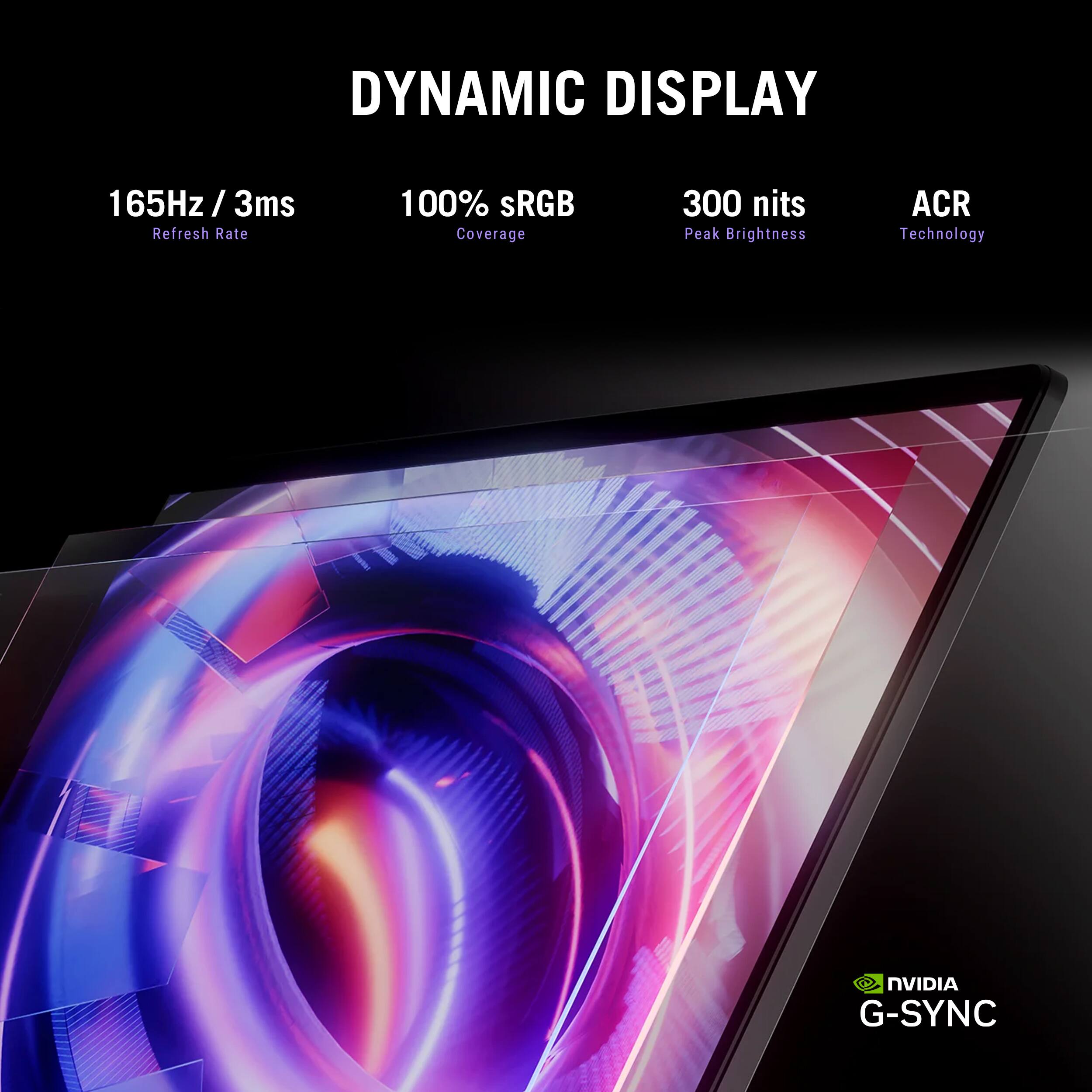 Dynamic Display: 165Hz / 3ms Refresh Rate, 100% SRGB Coverage, 300 nits Peak Brightness, ACR Technology, NVIDIA G-SYNC.