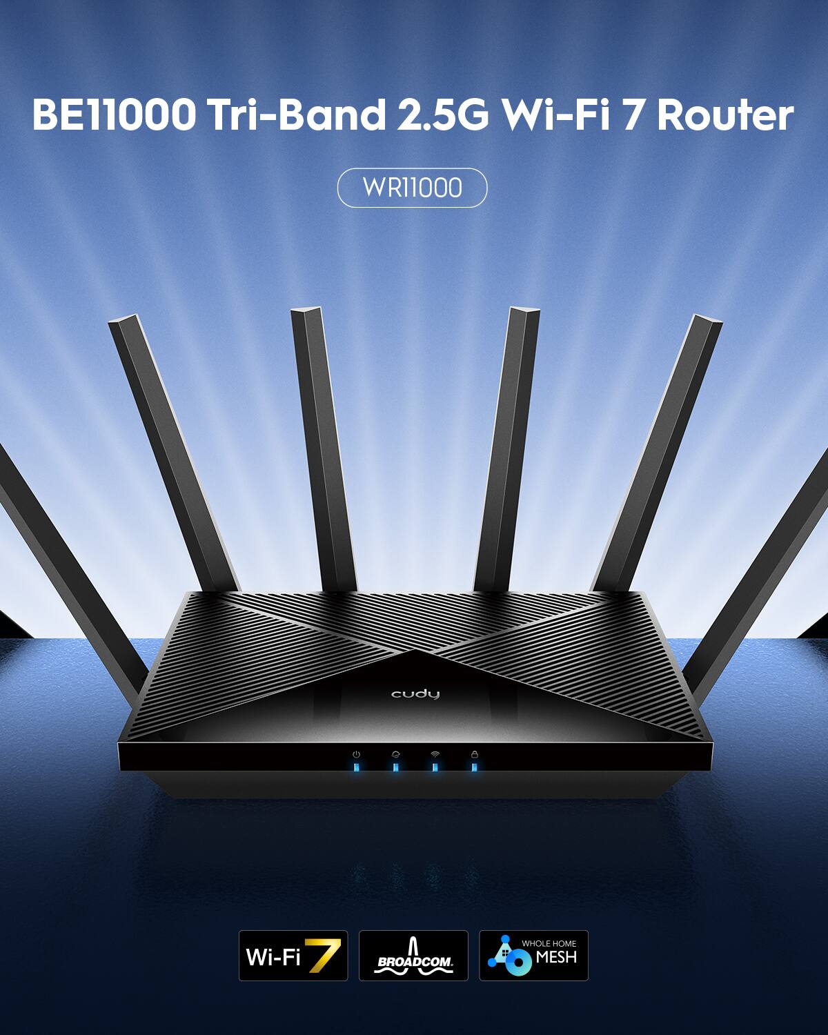 The text on the image reads: "BE11000 Tri-Band 2.5G Wi-Fi 7 Router WR11000 cudy I I C I Wi-Fi 7 BROADCOM WHOLE HOE MESH."