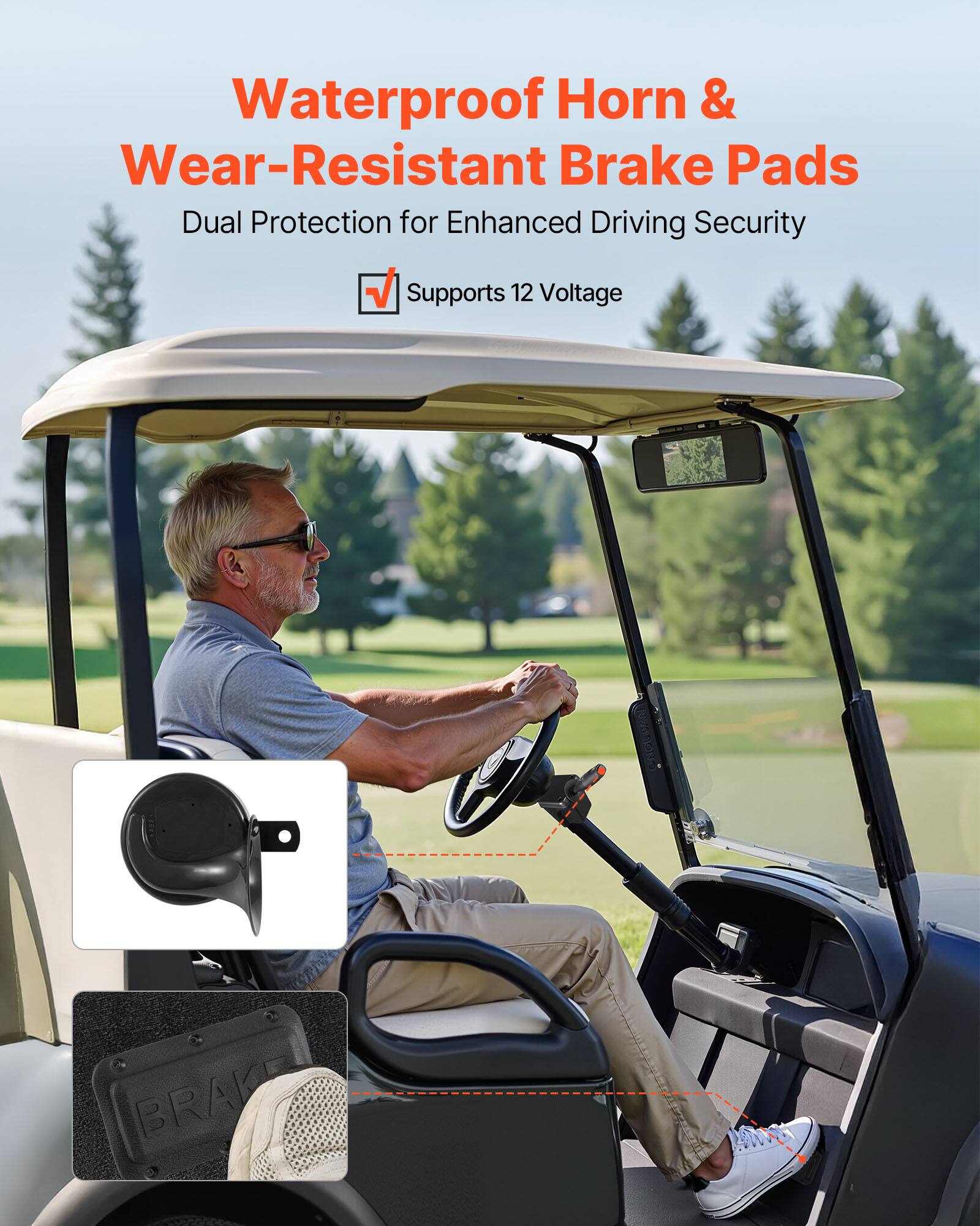 Waterproof Horn & Wear-Resistant Brake Pads  
Dual Protection for Enhanced Driving Security  

Supports 12 Voltage
