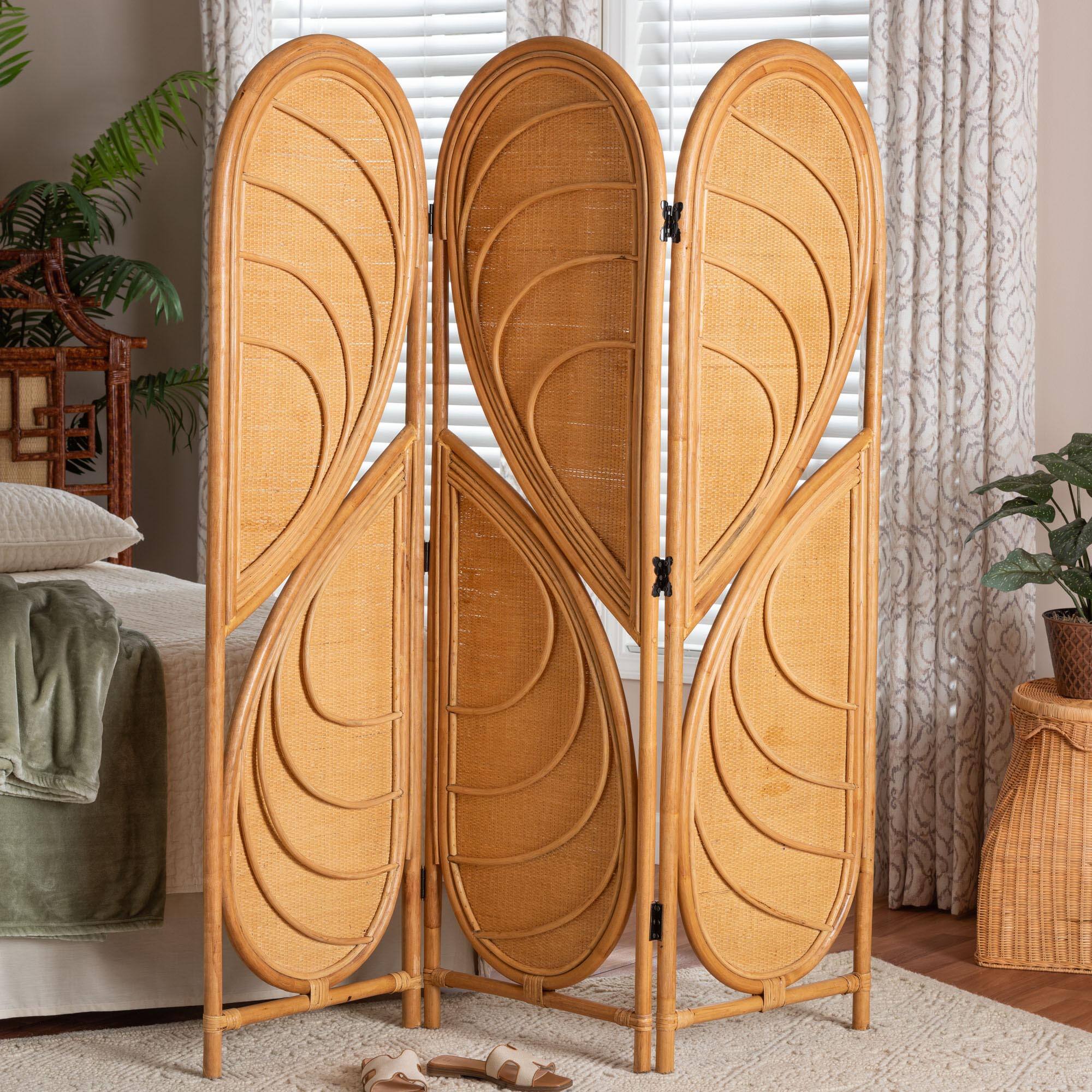 Alt View 2. bali & pari - Kiyoko Natural Rattan Room Divider - Handwoven Wicker Tri-Fold Decorative Privacy Screen with Woven Leaf Motif - Light Honey.