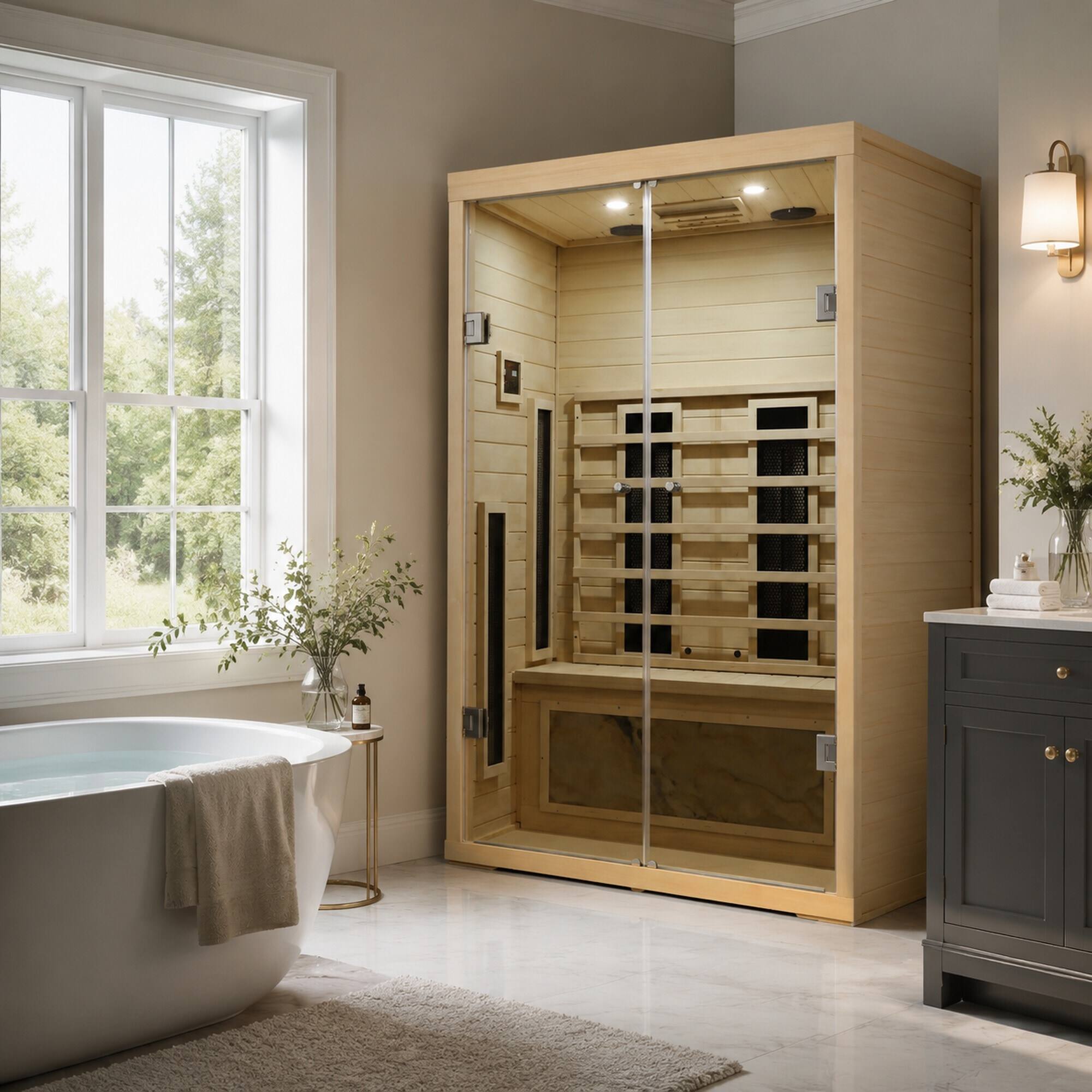 Back. RYHNUYNE - Two Person Hemlock Wood Far-Infrared Sauna Room, Low EMF Heaters, Digital Control Panel, Dry Cabin Design - Natural.