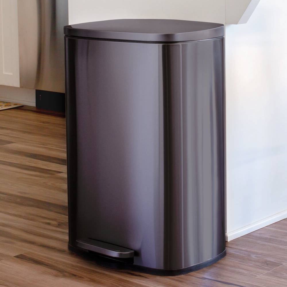Angle. Hivvago - 13 Gallon Black Stainless Steel Kitchen Trash Can with Step Open Lid - Black.