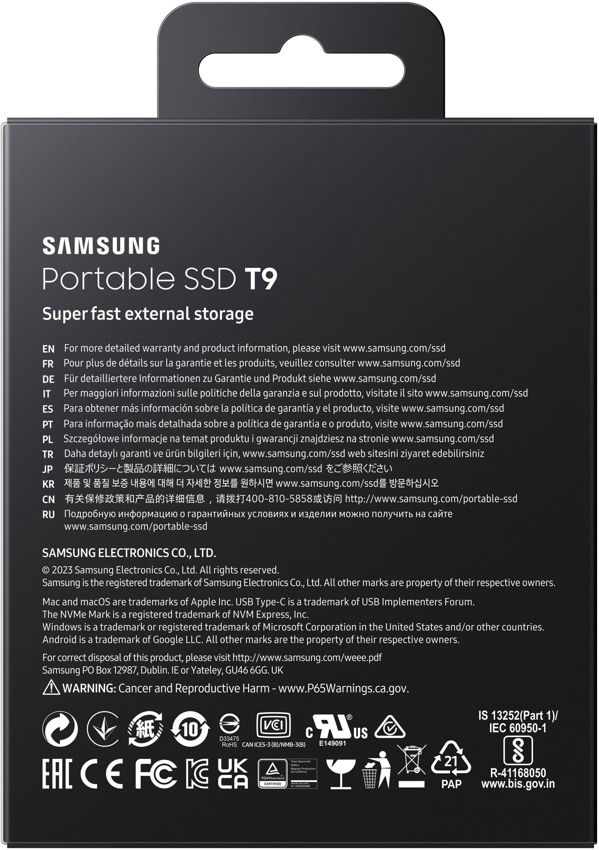 The text on the image is in multiple languages, including English, Spanish, and Chinese. It is not possible to group and correct the text without knowing the specific language. However, the text generally describes the Samsung Portable SSD T9, which is a super fast external storage device. The text also provides a website link for more information about the product and its warranty.
