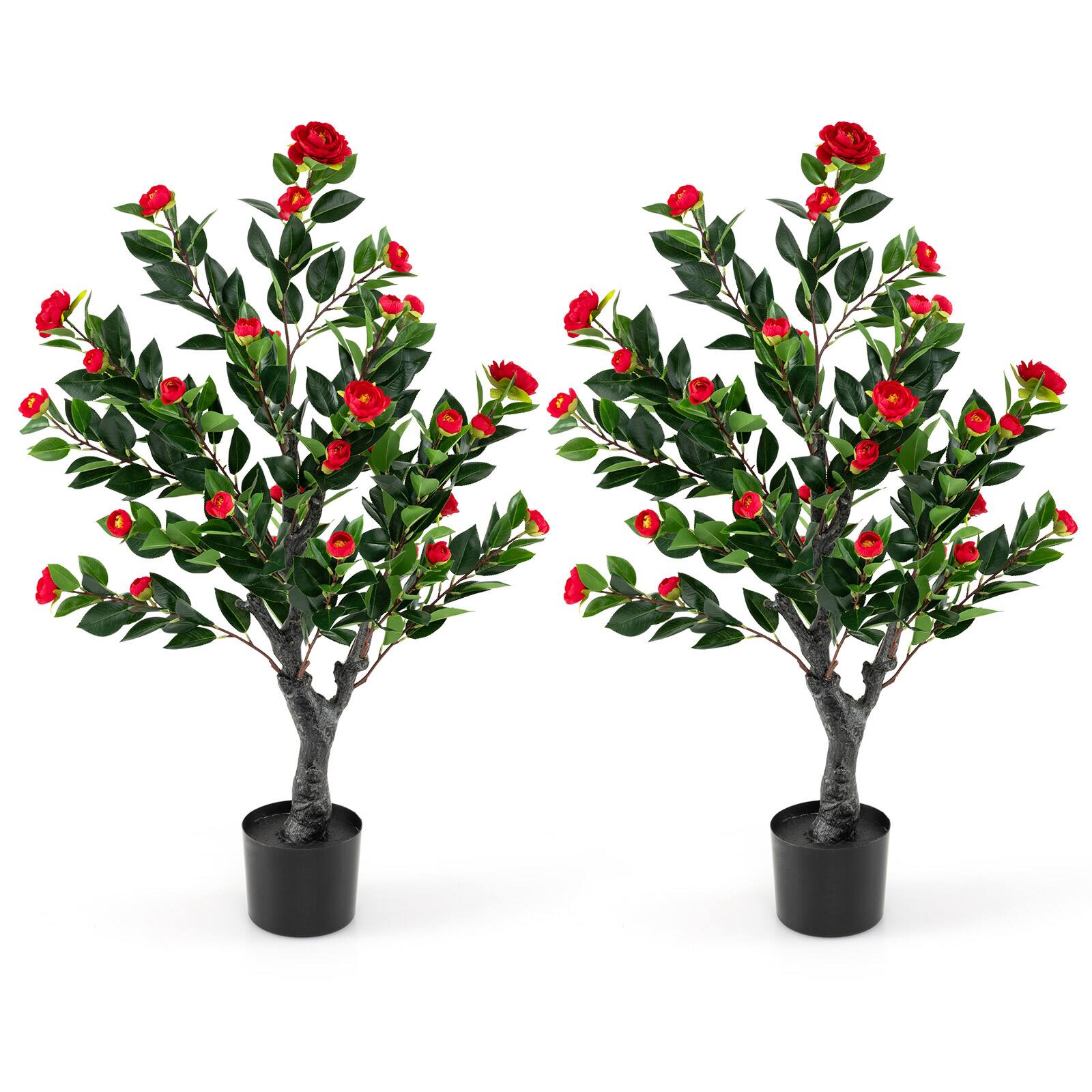 Front. Costway - Costway 39.5" Artificial Camellia Tree Set of 2 with 36 Red Blossom Fabric Flower for Home - Red+Green.