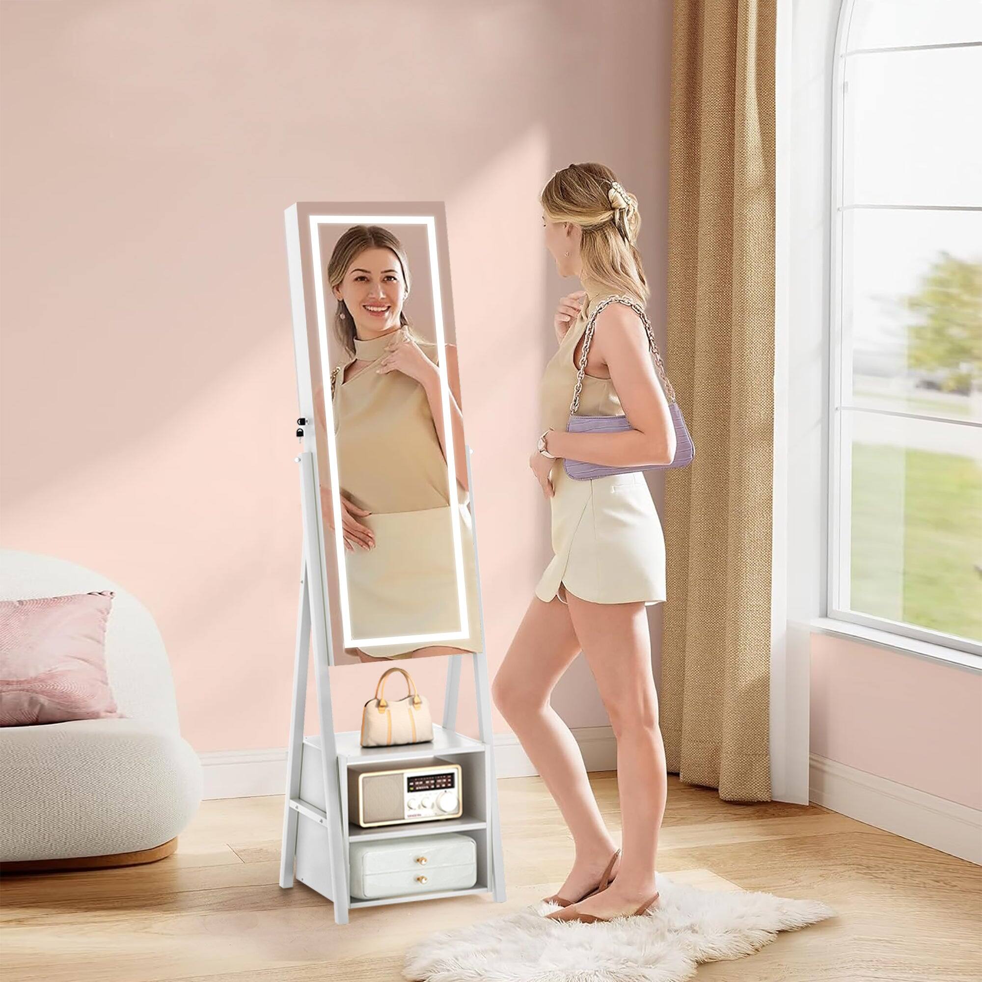 Back. Vecelo - Full Length Mirror Jewelry Cabinet with LED Lights, Locking Floor Standing Jewelry Armoire with Shelves and Drawers.