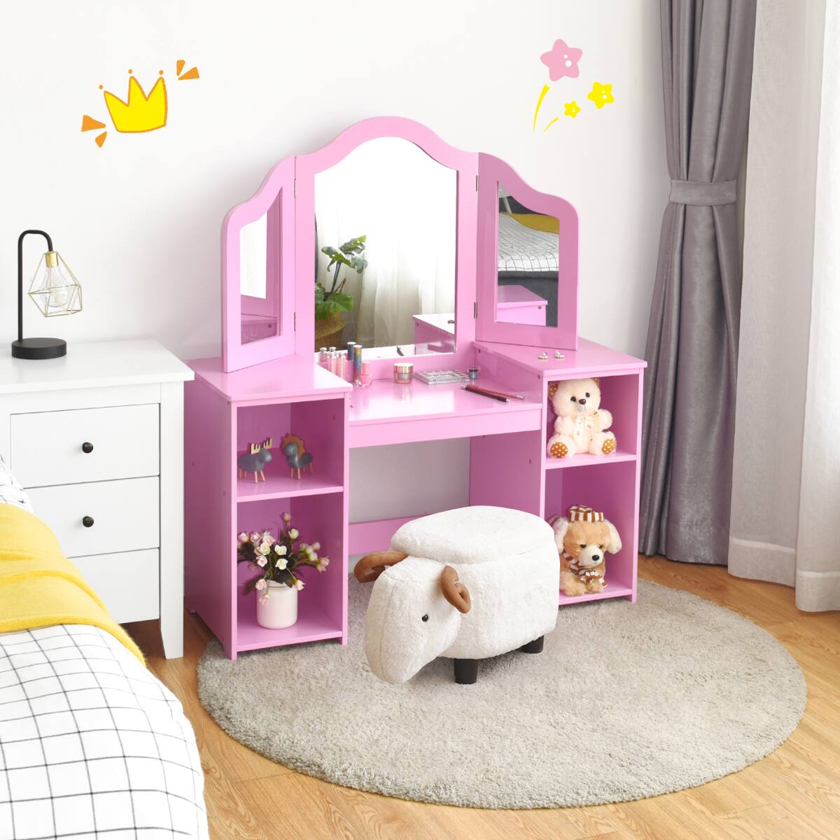 Alt View 1. Costway - Costway Vanity Table Set Makeup Dressing Kids Girls Study Table Tri Folding Mirror - Pink.