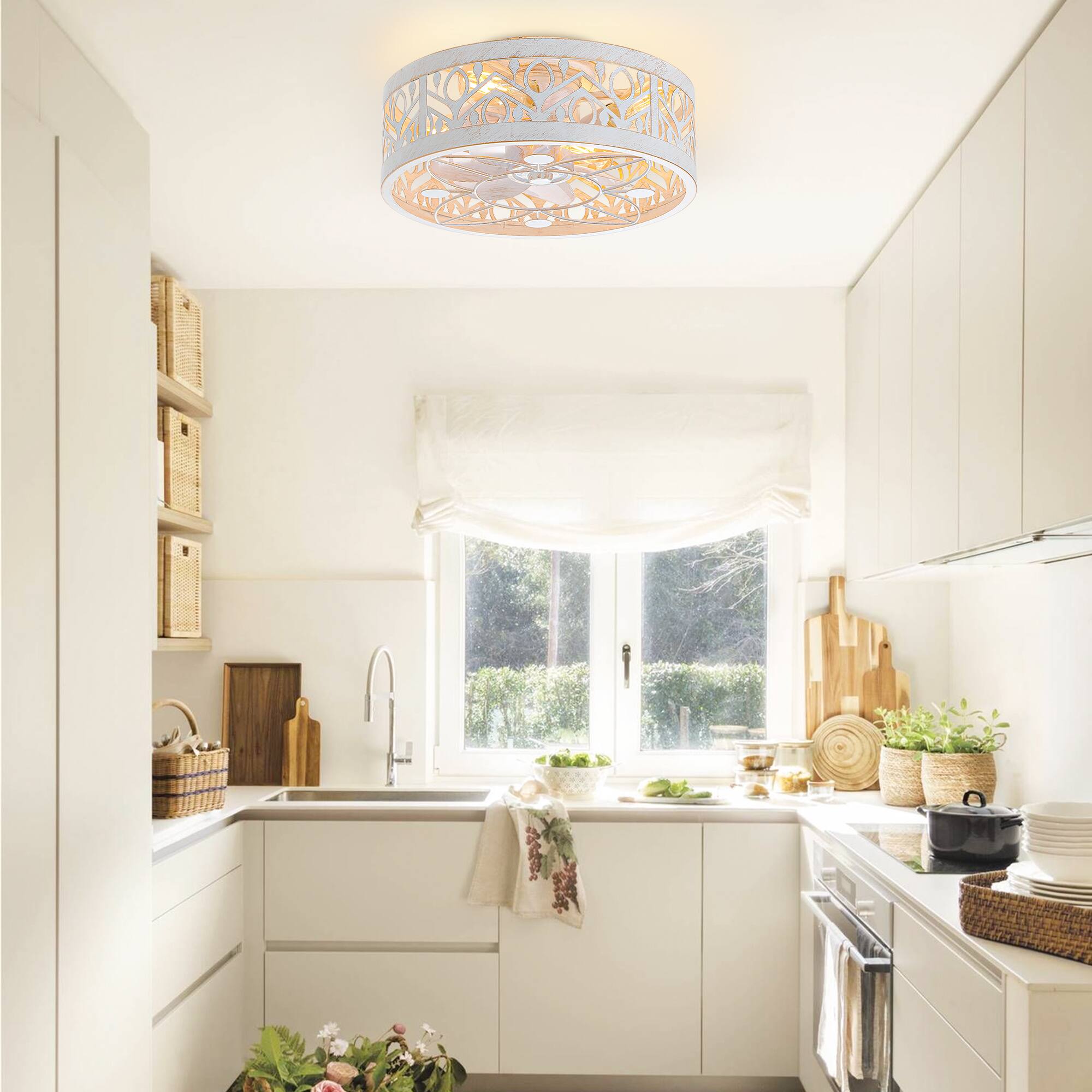 Alt View 1. Breezary - Breezary 16.5'' Indoor Caged Ceiling Fan with  7-Blade, Reversible DC Motor, 6-Speed Remote Control，1-8H Timer - Distressed White and Gold.