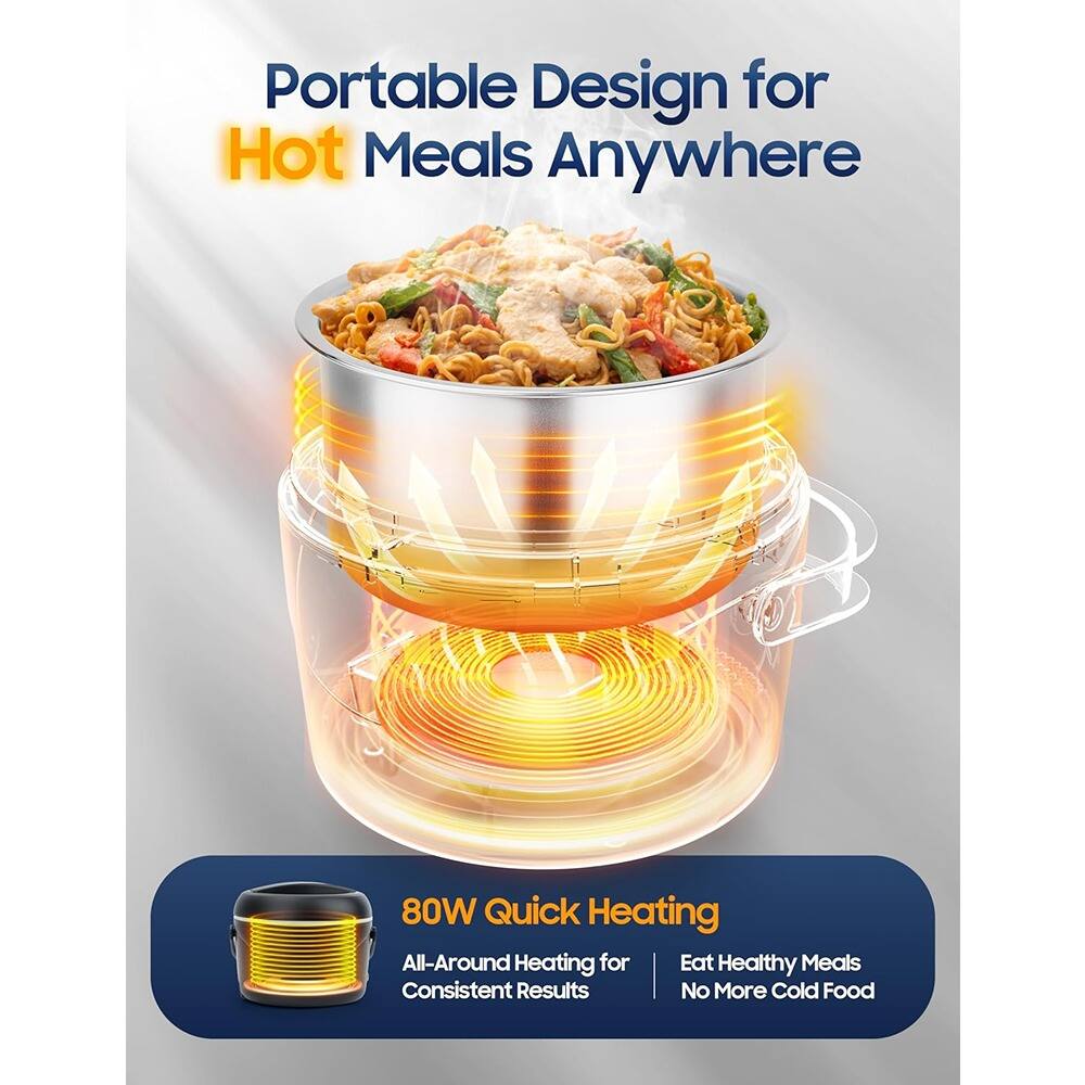 Portable Design for Hot Meals Anywhere

80W Quick Heating  
All-Around Heating for Consistent Results  
Eat Healthy Meals  
No More Cold Food