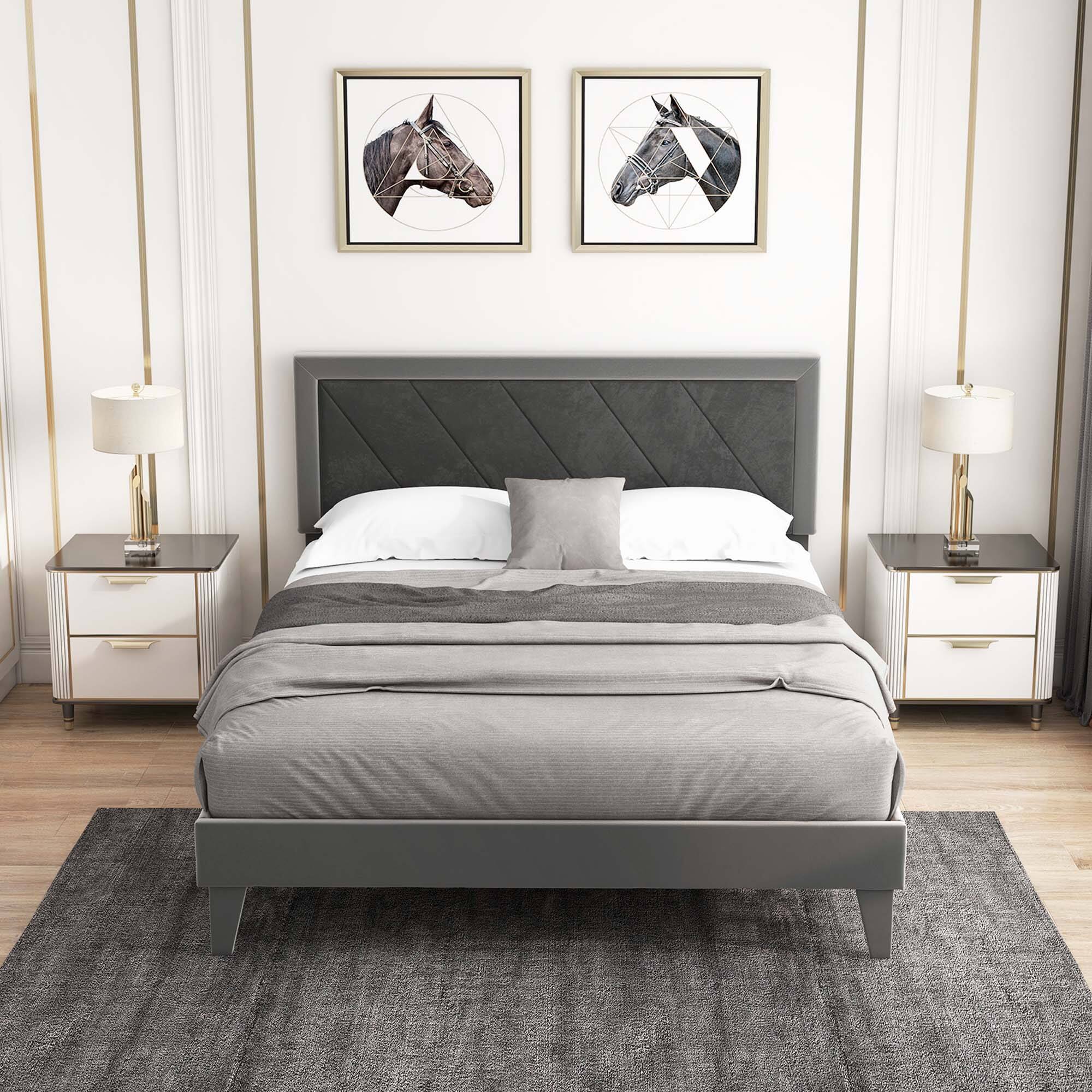 Alt View 8. Costway - Costway Queen Size Bed Frame Upholstered Platform Velvet Headboard Wooden Slats - Gray.