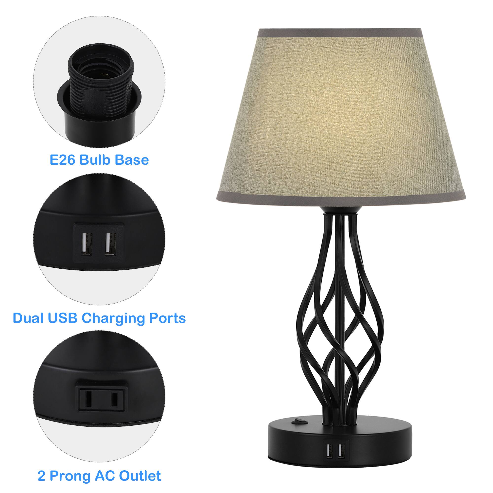E26 Bulb Base  
Dual USB Charging Ports  
2 Prong AC Outlet