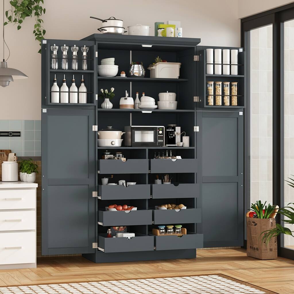 Left. Forest'nSky - 70.9" Freestanding Pantry Cabinet, 35.5" Wide with 8 Pull-Out Trays & Door Shelves for Dining Room, Gray - Gray.