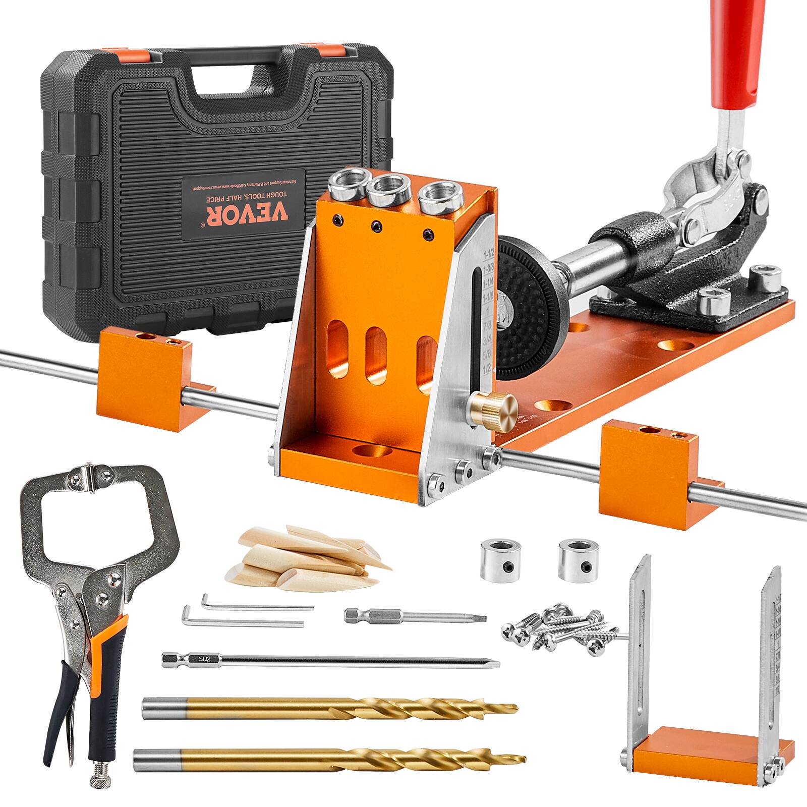 VEVOR - Pocket Hole Jig Kit, 34 Pcs Pocket Hole Jig System with 11" C-clamp, Fixture, Step Drills, Wrenches, Drill Stop Rings - Orange