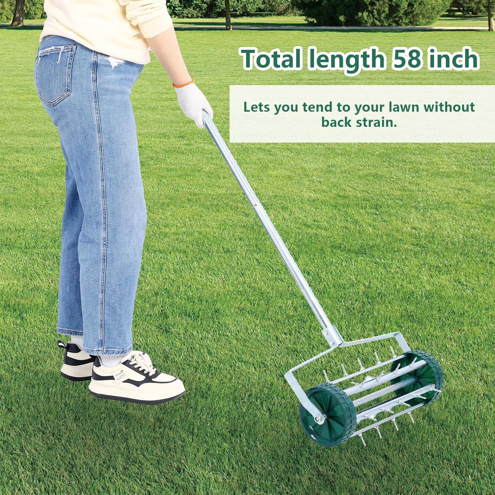 Total length 58 inch  
Lets you tend to your lawn without back strain.