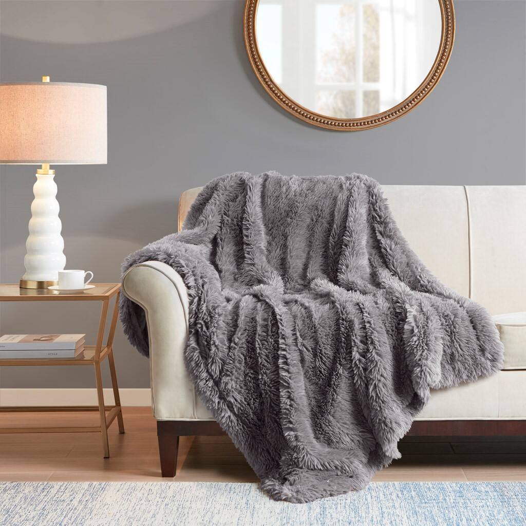 Alt View 1. Gracie Mills - Gracie Mills Stephens Solid Plush Faux Fur Throw Blanket - Grey.