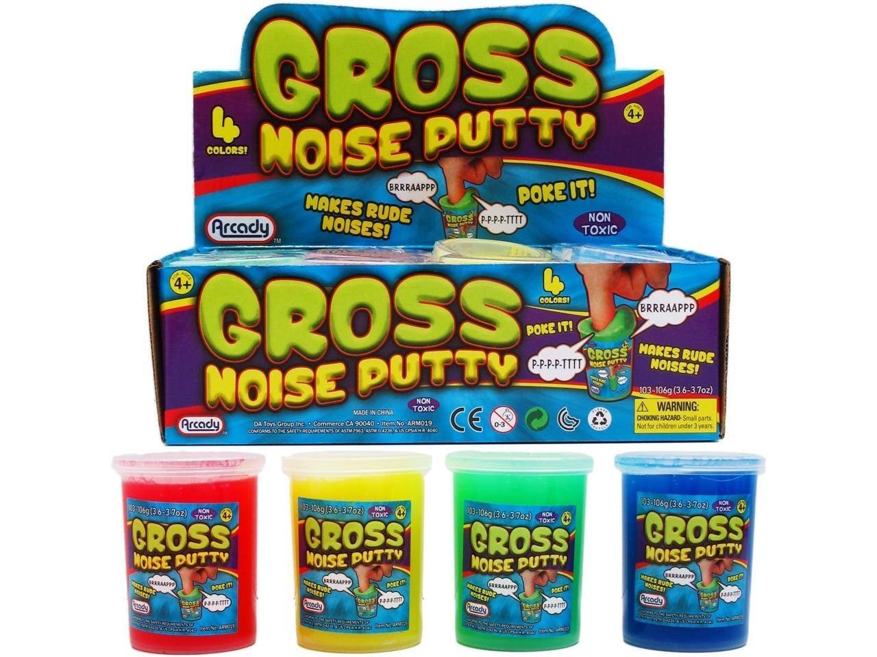 GROSS NOISE PUTTY!  
4+ COLORS!  
MAKES RUDE NOISES!  
POKE IT!  
NON TOXIC  
MADE IN CHINA  
WARNING: CHOKING HAZARD - Small parts. Not for children under 3 years.  
Arcady  
DA Toys Group Inc  
Commerce CA 90040  
Item No. ARM019  
103-106g (3.6-3.7oz)  

GROSS NOISE PUTTY!  
4+ COLORS!  
MAKES RUDE NOISES!  
POKE IT!  
NON TOXIC  
MADE IN CHINA  
WARNING: CHOKING HAZARD - Small parts. Not for children under 3 years.  
Arcady  
DA Toys Group Inc  
Commerce CA 90040  
Item No. ARM019  
103-106g (3.6-3.7oz)  

GROSS NOISE PUTTY!  
4+ COLORS!  
MAKES RUDE NOISES!  
POKE IT!  
NON TOXIC  
MADE IN CHINA  
WARNING: CHOKING HAZARD -
