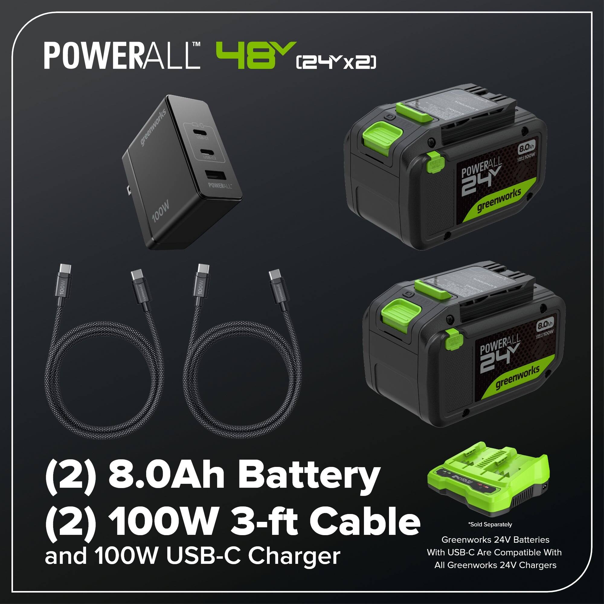 POWERALL 48Y (24Y x 2)  
- 1 POWERALL 24 greenworks 8.00  
- 24Y x 2)  
- 2) 8.0Ah Battery  
- 2) 100W 3-ft Cable  
- and 100W USB-C Charger  
- Greenworks 24V Batteries and 100W USB-C Are Compatible With All Greenworks 24V Chargers