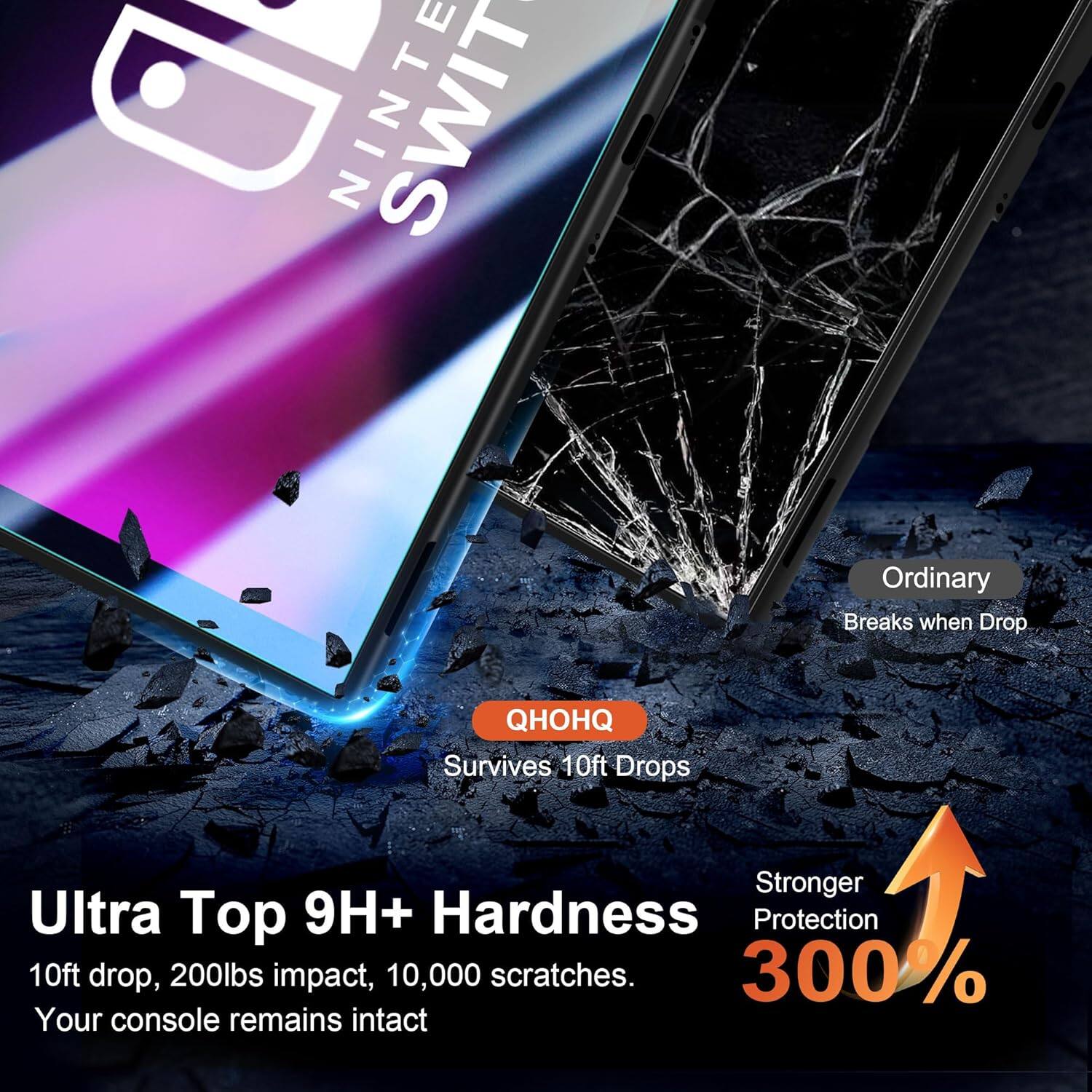 **NINTENDO SWITCH**

**Ordinary**  
Breaks when Drop

**QHOHQ**  
Survives 10ft Drops

**Ultra Top 9H+ Hardness**  
10ft drop, 200lbs impact, 10,000 scratches.  
Your console remains intact

**Stronger Protection**  
300%