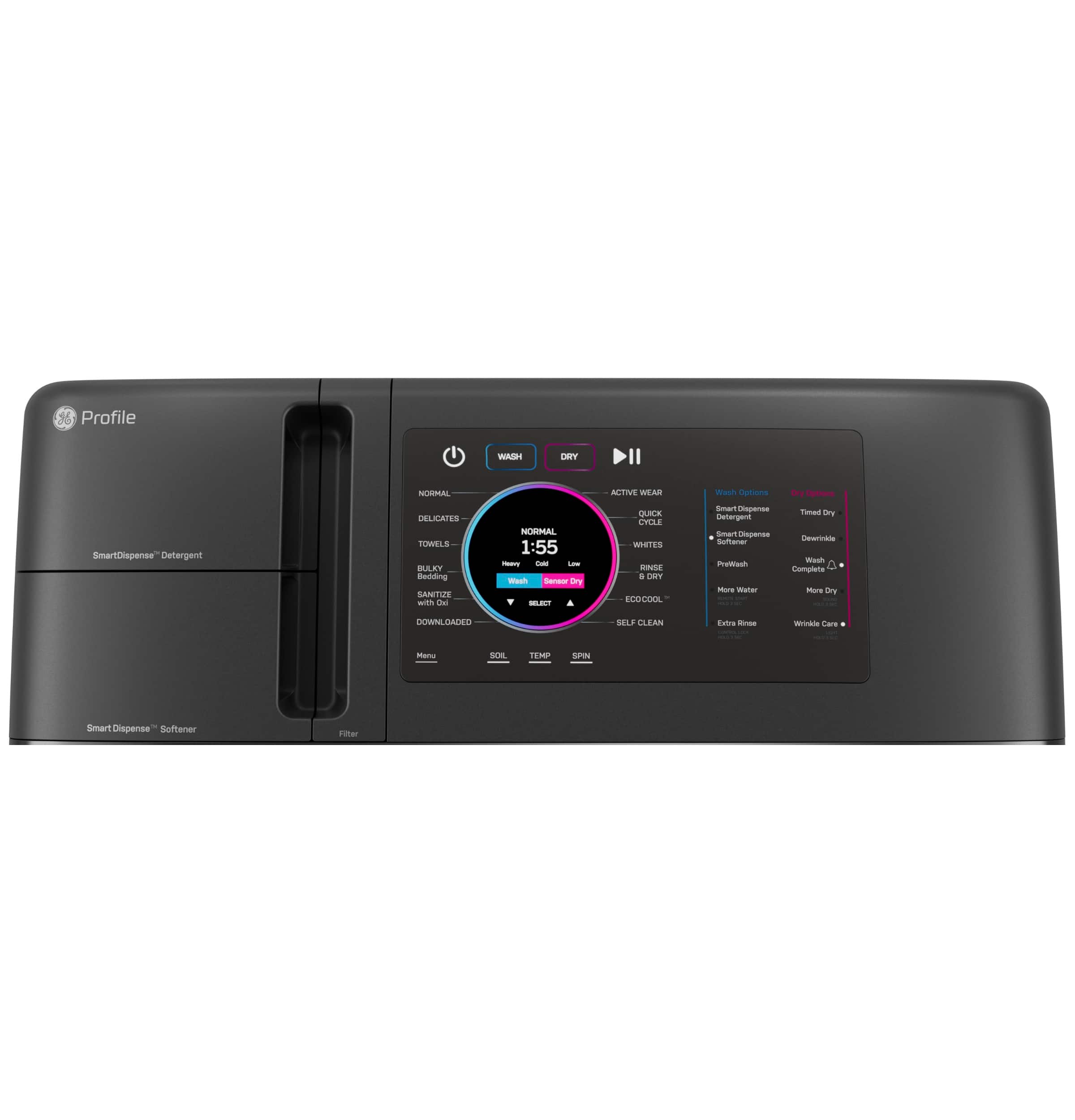 Profile MATR TRY NUMAL ACTIVE WEAR wsh Options d Cptiona SmarLDispense Detergent BELICATES TOMILS BART Badtding aMA - de NORIMAL 1:55 - - i waah - Sre - . SMAL MAITES SE + INPY . ECOCILA Smart Cropean Detergent dman Aparsa Sutener matwah mor Water Ta Sr - - Complete Mars Srg DMNLARO SELE CLEAN Etie -se | - o manu SOE TM Sare Smart Dispense Softerecr Limar
**Corrected Text:**
Profile MATR TRY NUMAL ACTIVE WEAR wash Options: SmartDispense Detergent, SmartDispense Softener
WASH: NORMAL, DELICATES, TOWELS, WHITES
DRY: SMALL 1:55
SOIL: LOW
TEMP: COLD
RINSE: ECO-COOL
SPIN: 1
Energy: Low
Sensor Dry
Downloaded
Menu
Self Clean
SmartDispense Detergent
SmartDispense Softener
Filter
Water Options: SmartDispense Detergent, SmartDispense Softener