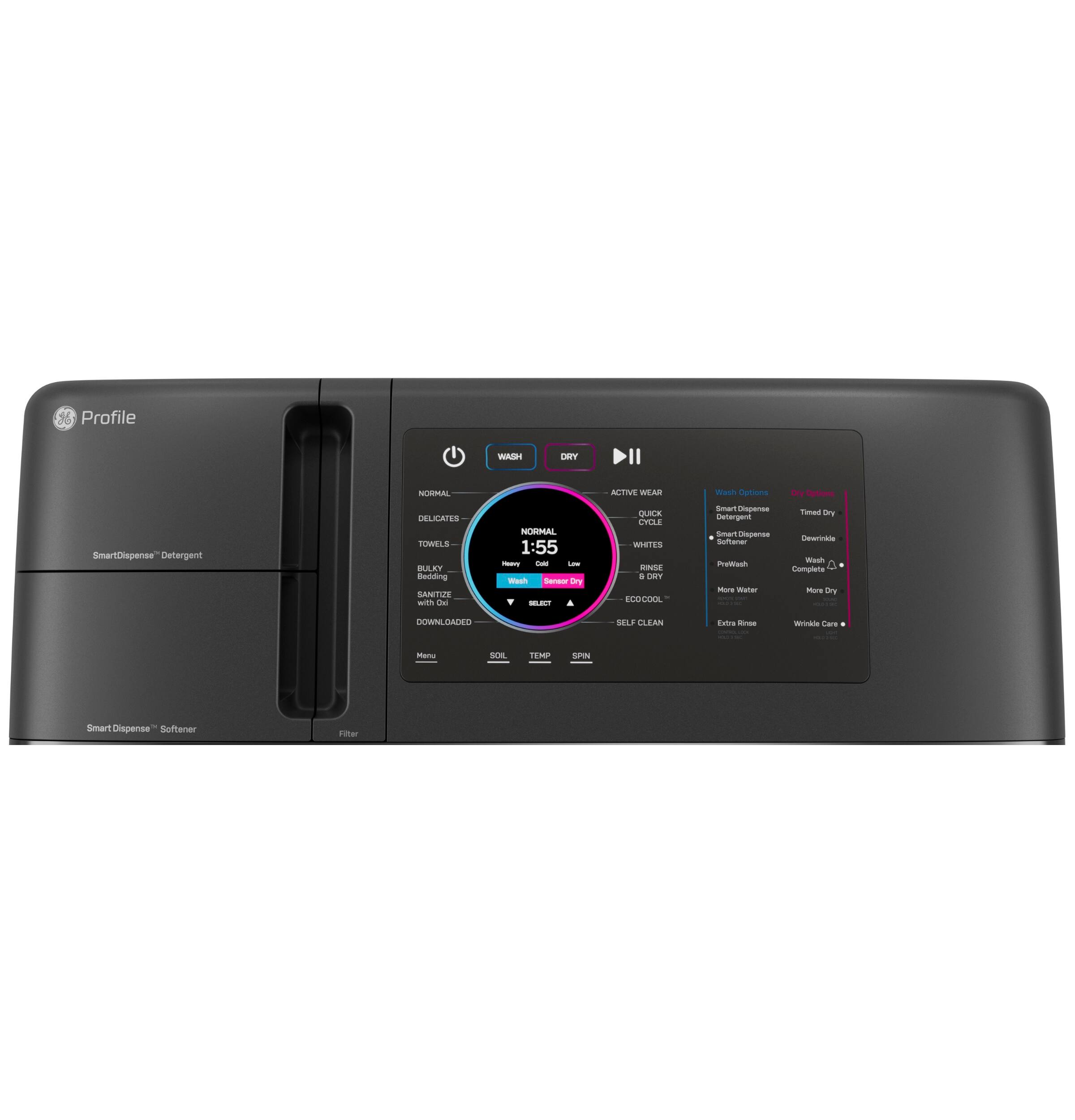 Profile MATR TRY NUMAL ACTIVE WEAR wsh Options d Cptiona SmarLDispense Detergent BELICATES TOMILS BART Badtding aMA - de NORIMAL 1:55 - - i waah - Sre - . SMAL MAITES SE + INPY . ECOCILA Smart Cropean Detergent dman Aparsa Sutener matwah mor Water Ta Sr - - Complete Mars Srg DMNLARO SELE CLEAN Etie -se | - o manu SOE TM Sare Smart Dispense Softerecr Limar

**Corrected Text:**

Profile MATR TRY NUMAL ACTIVE WEAR wash Options: SmartDispense Detergent, SmartDispense Softener
WASH: NORMAL, DELICATES, TOWELS, WHITES
DRY: SMALL 1:55
SOIL: LOW
TEMP: COLD
RINSE: ECO-COOL
SPIN: 1
Energy: Low
Sensor Dry
Downloaded
Menu
Self Clean
SmartDispense Detergent
SmartDispense Softener
Filter
Water Options: SmartDispense Detergent, SmartDispense Softener
