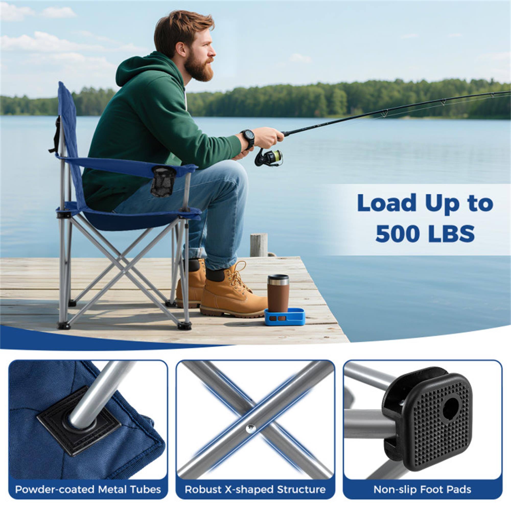 Load Up to 500 LBS  
Powder-coated Metal Tubes  
Robust X-shaped Structure  
Non-slip Foot Pads
