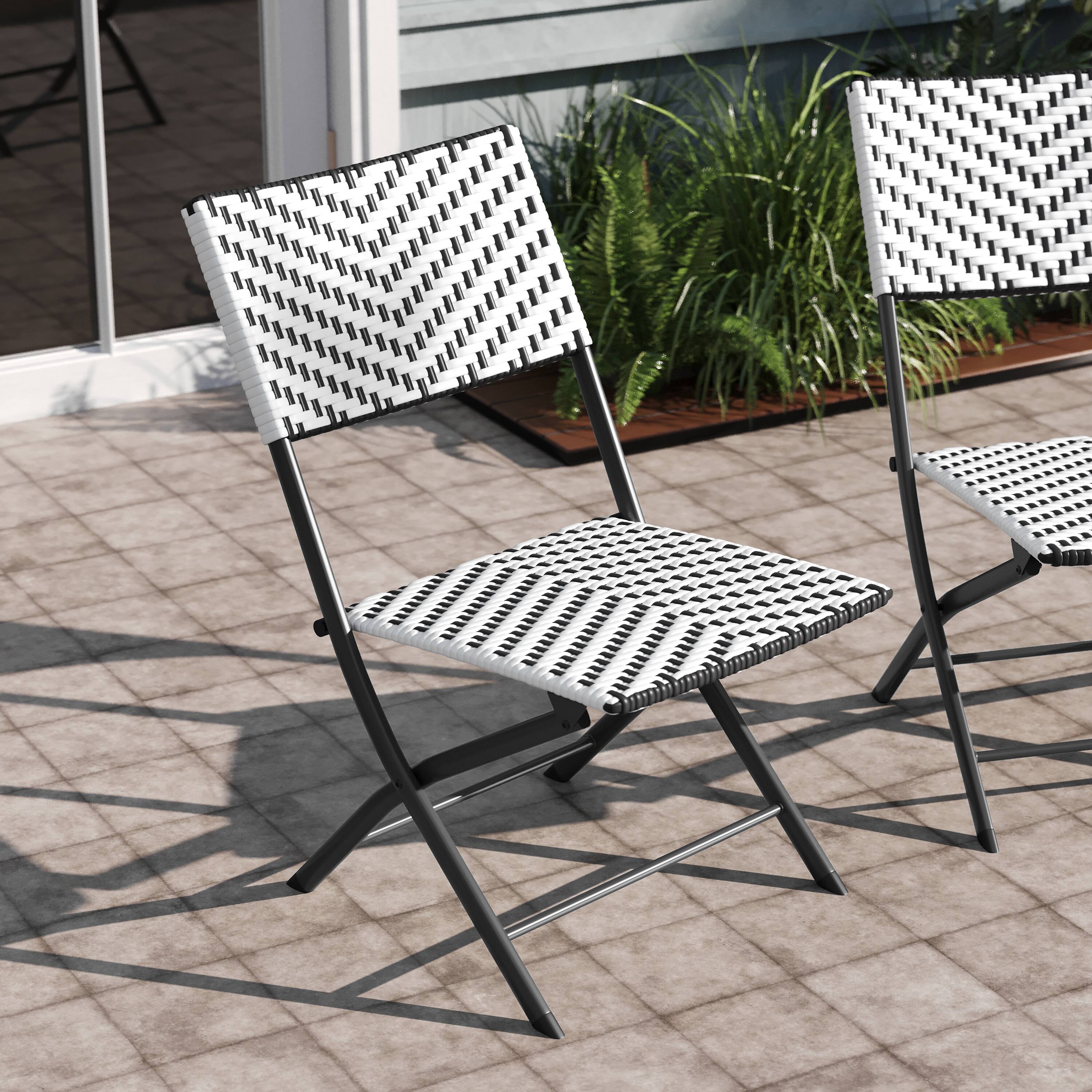 Alt View 4. Emma + Oliver - Ciel Set of Two Folding Bistro Chairs in PE Rattan with Metal Frames for Indoor and Outdoor Use - Black & White.