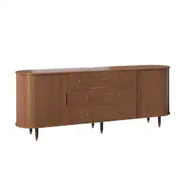 Famapy - Fluted TV Stand, Mid-Century Media Console with Drawers, Sliding Doors & Short Throw Projector Top - Walnut