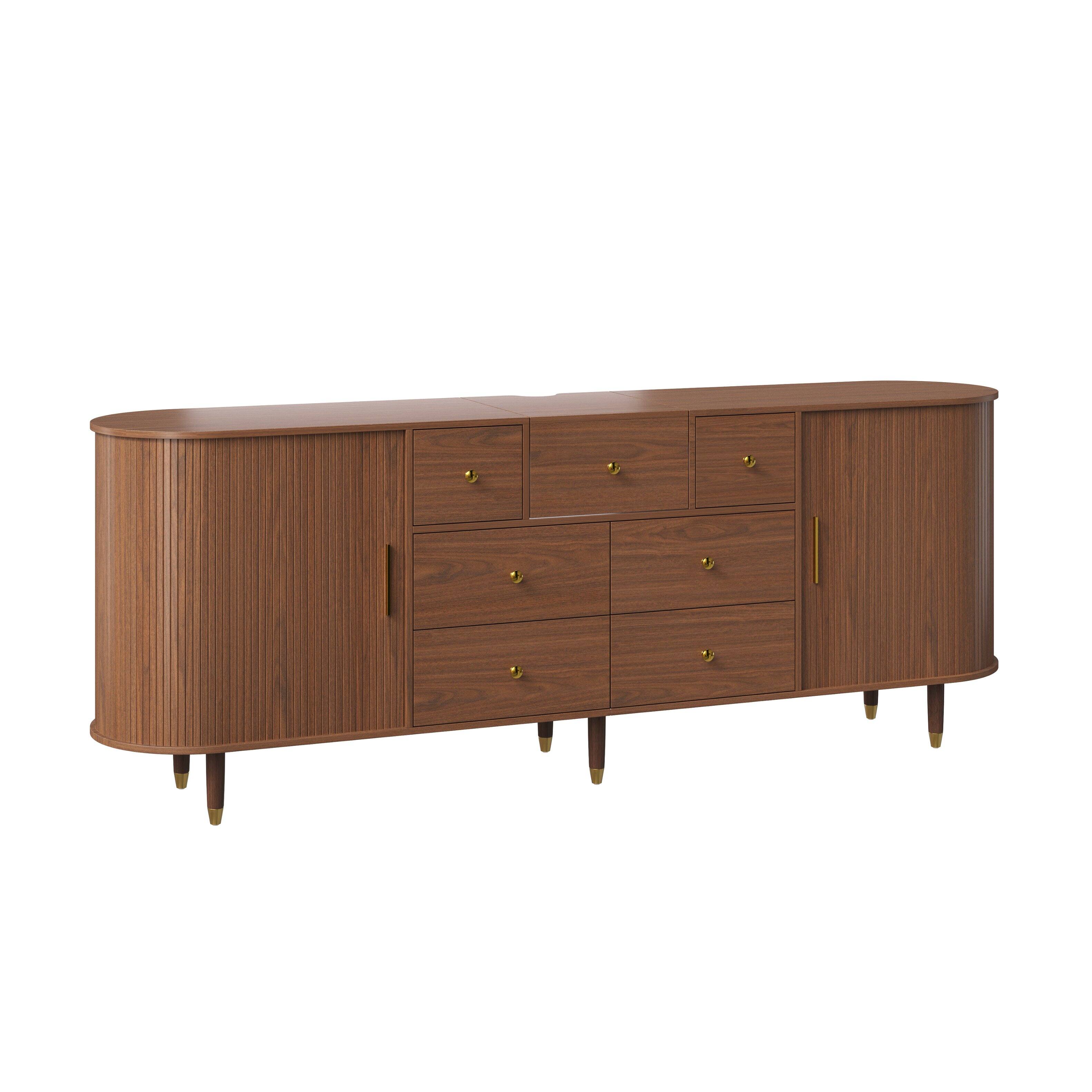Front. Famapy - Walnut Fluted TV Stand, Mid-Century Media Console with Drawers, Sliding Doors & Short Throw Projector Top - Walnut.
