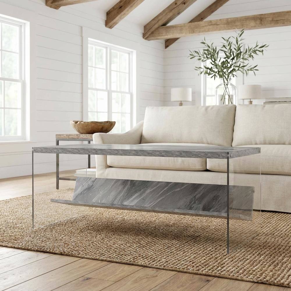 Left. FurniFact - Glass Coffee Table with Shelf Contemporary Design and Sturdy Construction SKU - Gray Faux Marble/Glass.