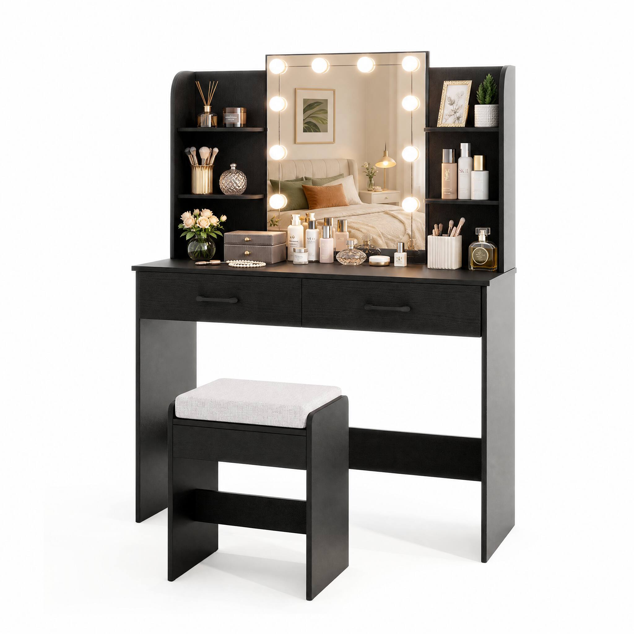Alt View 5. WELLFOR - Vanity Desk Set with Mirror and Lights, Makeup Vanity Table with Stool& Charging Station, Modern Vanity Dressing Table - Black.