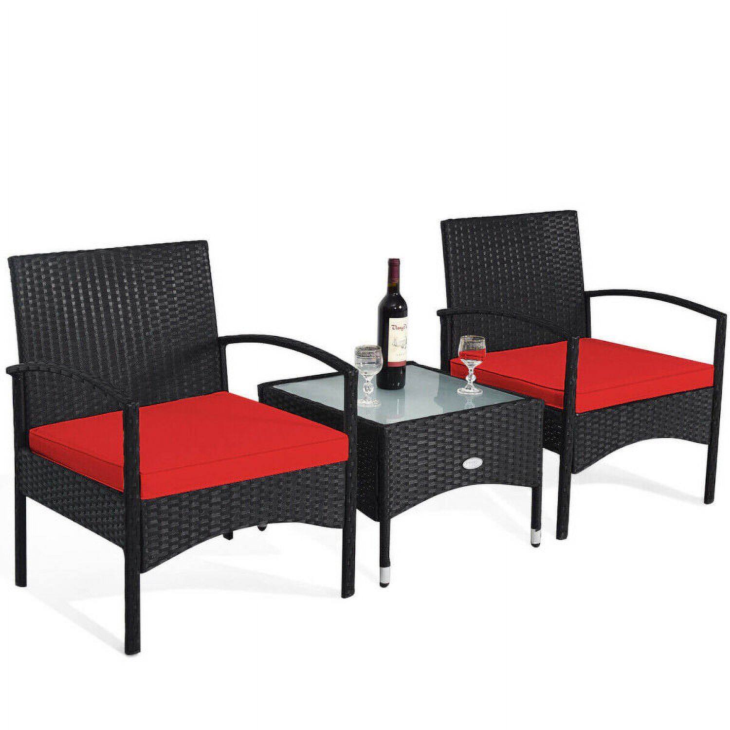 Left. Pefilos - 3 Pieces Patio Wicker PE Rattan Furniture Set, Wicker Furniture Sets, Patio Conversation Sets with Cushion for Lawn - Red.