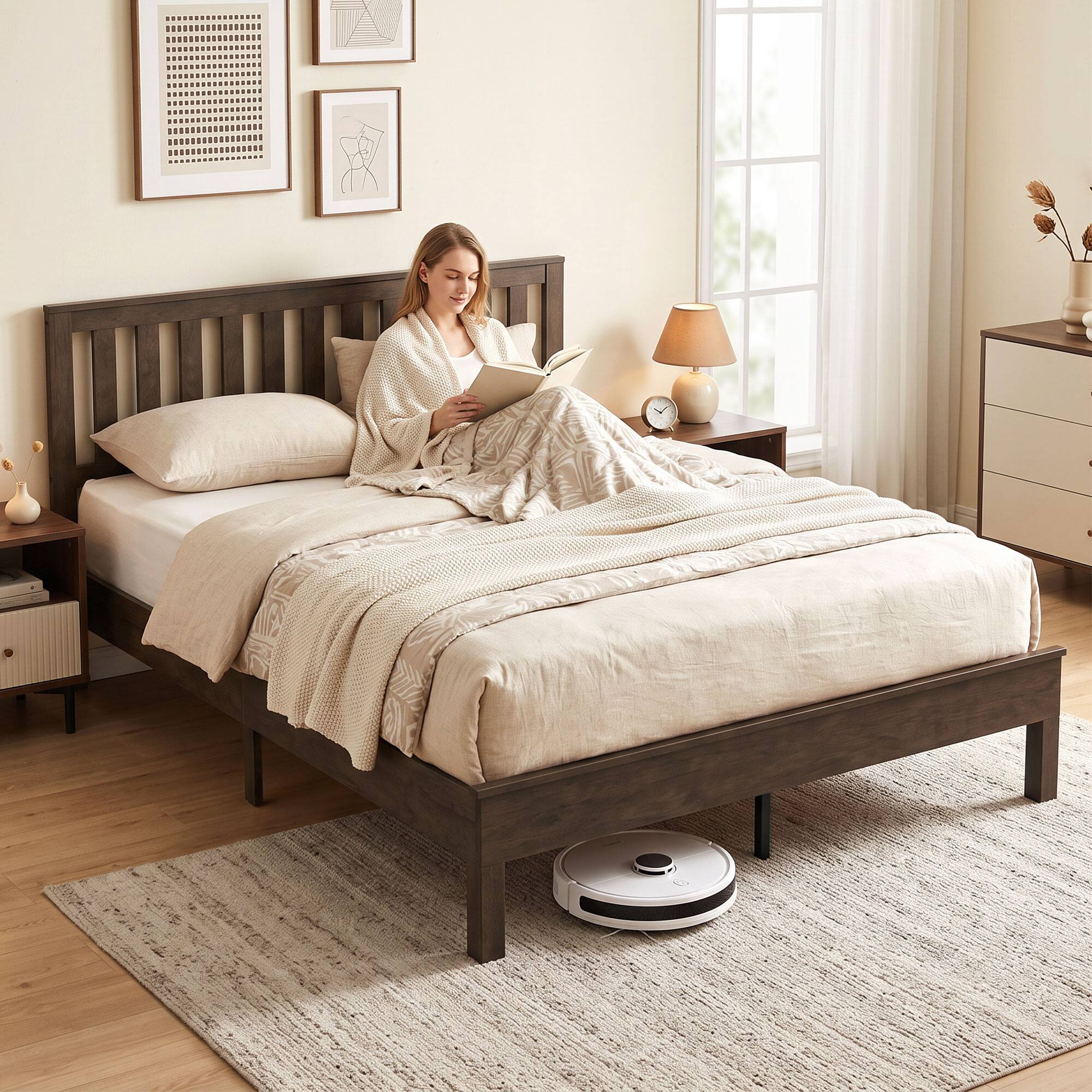 Alt View 7. Homcom - Size Bed Frame with Headboard and Footboard - Walnut.