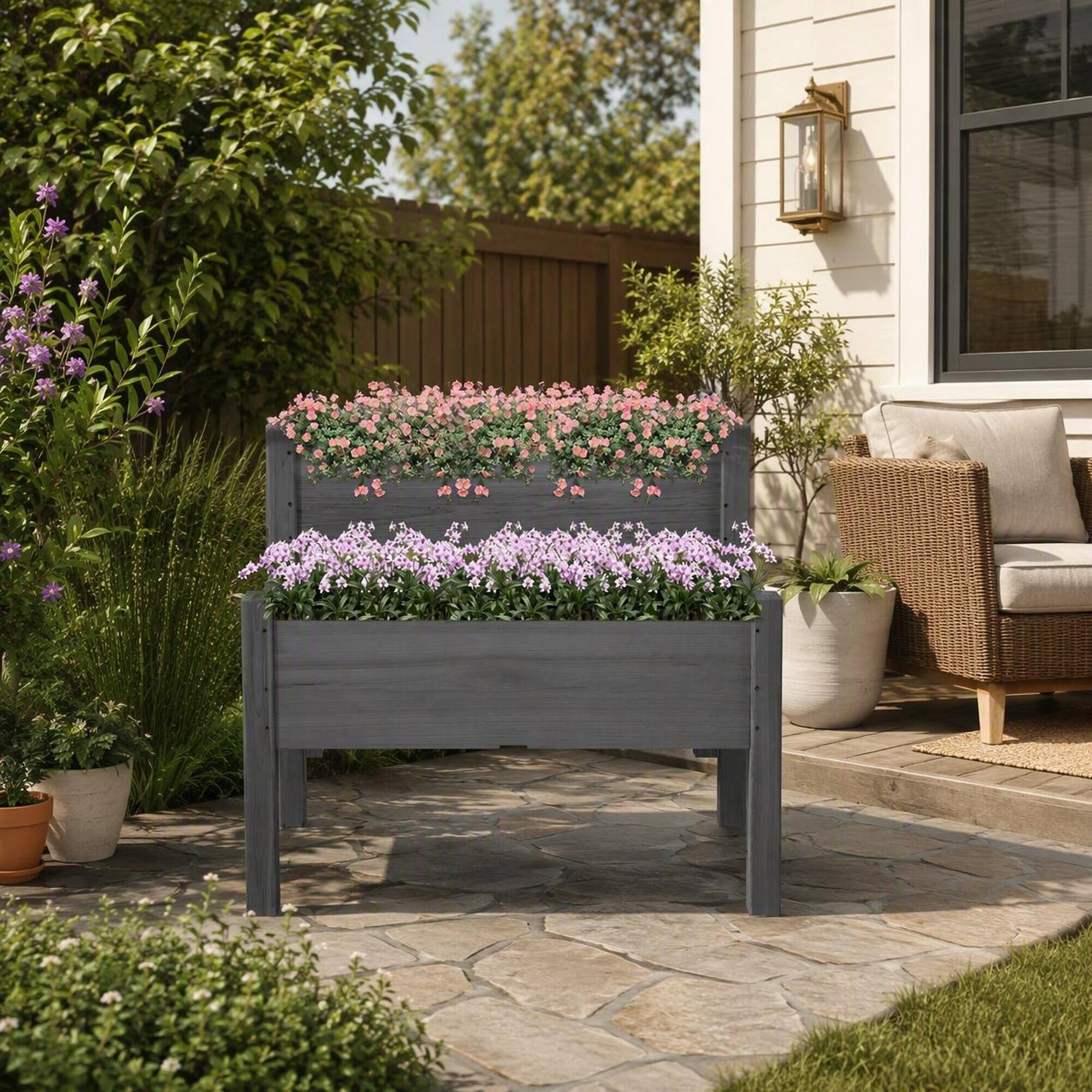 Left. RYHNUYNE - Raised Garden Bed 2-Tier Elevated Wood Planter Box for Patio Backyard to Grow Vegetables Herbs Flowers Gray - Gray.