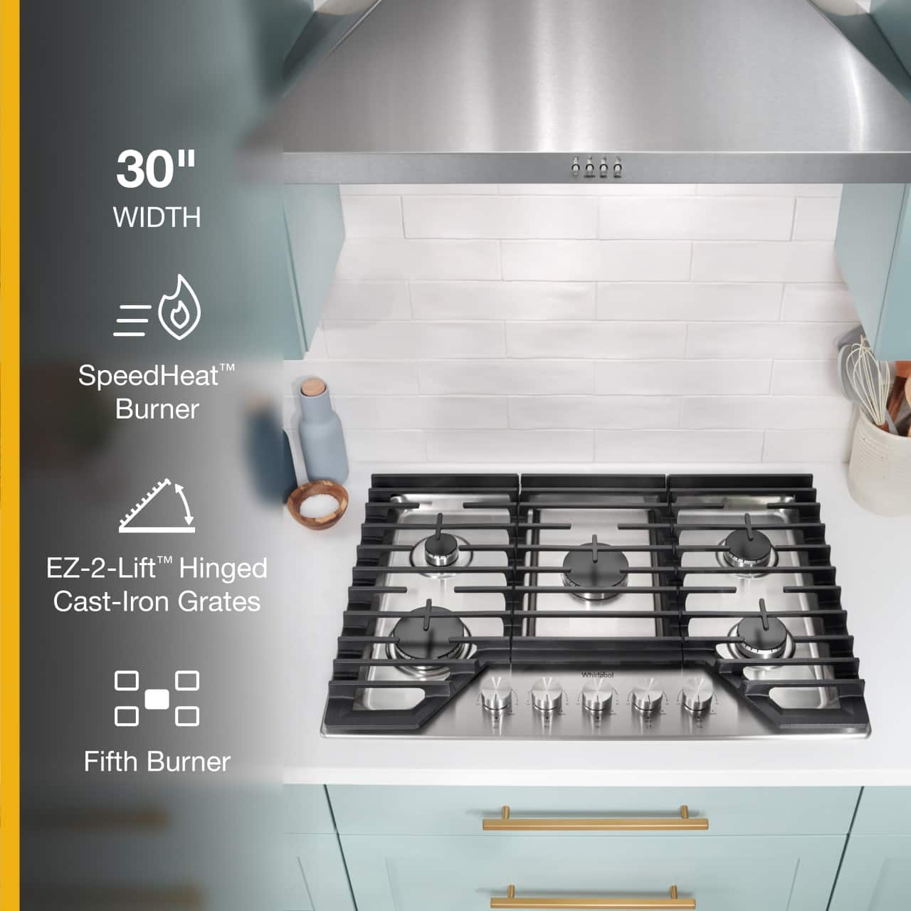 The image features a stove with a 30" width, a speed heat burner, and an EZ-2-Lift hinged cast-iron grates. The stove also has a fifth burner, making it a versatile and functional appliance for cooking.