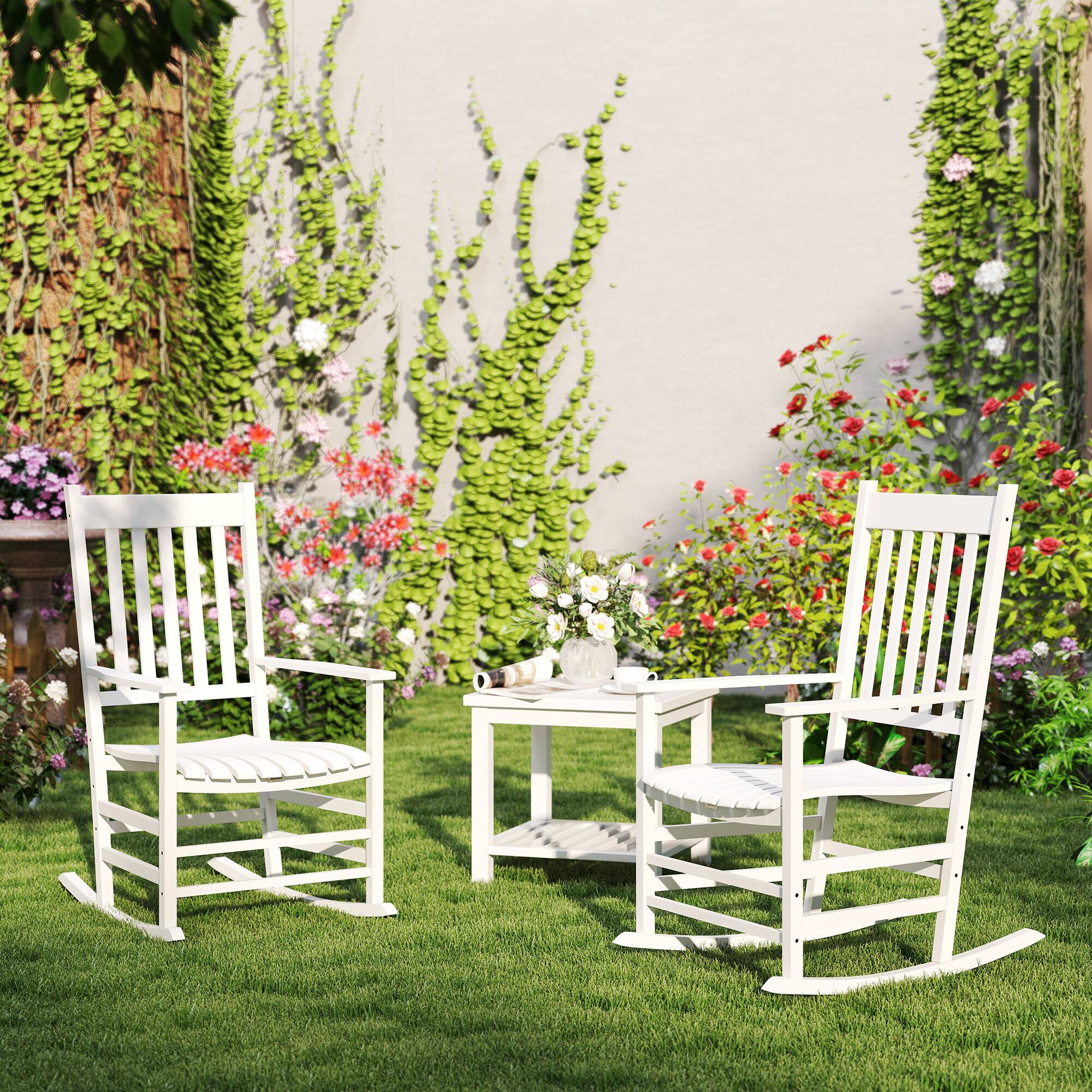 Alt View 1. Outsunny - Outdoor Rocking Chair Set of 2, Patio Rocking Chair with Smooth Curves, High Density Wooden Rockers - White.
