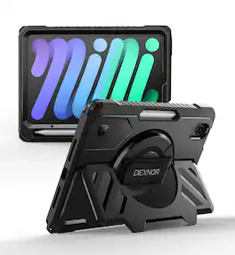 Dexnor - Shockproof Case for iPad mini 7 (A17 Pro)/mini 6 2021 with 360° Rotating Hand Strap & Screen Protector,Full-Body Cover - Black